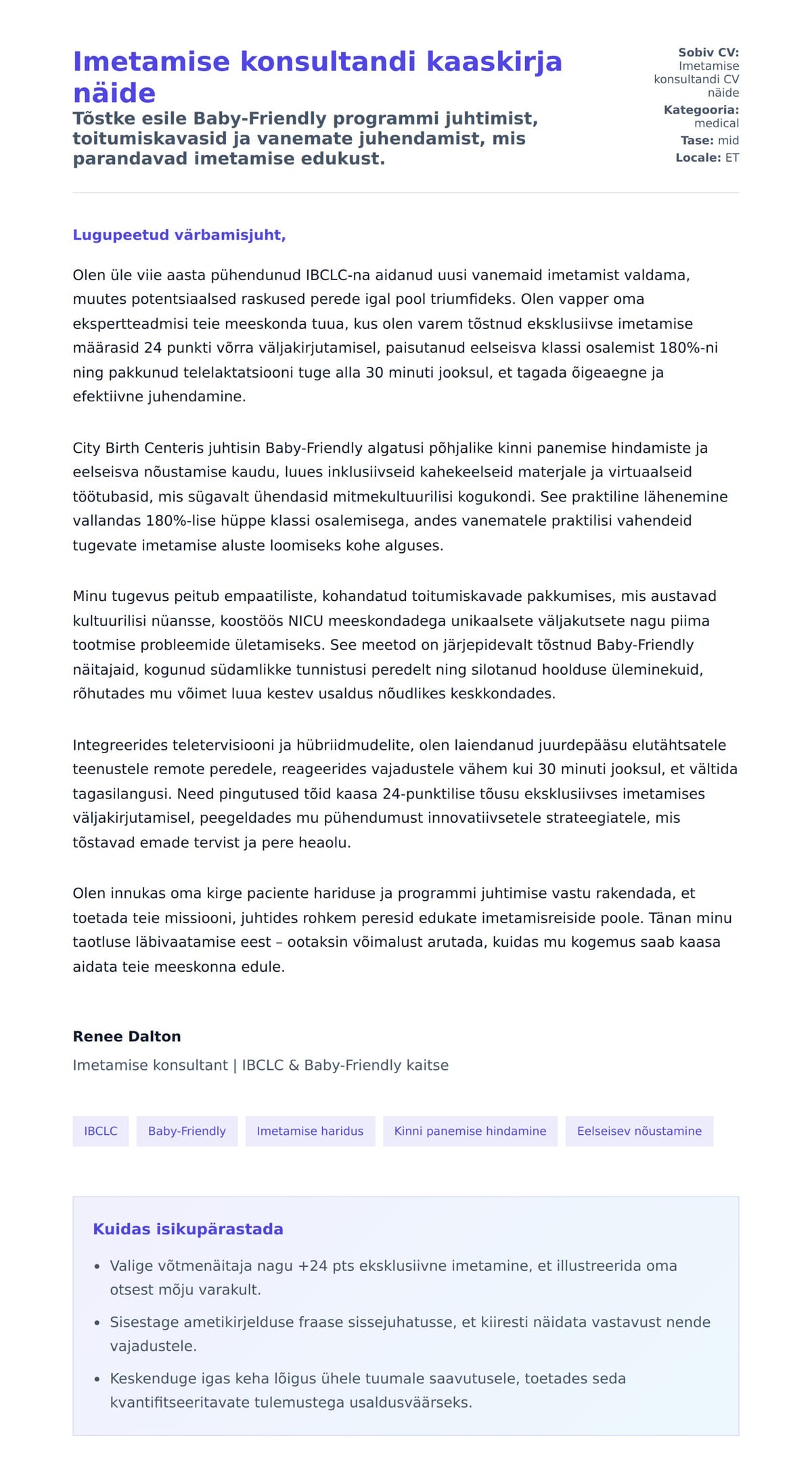 Kaaskirja eelvaade Imetamise konsultandi kaaskirja näide jaoks