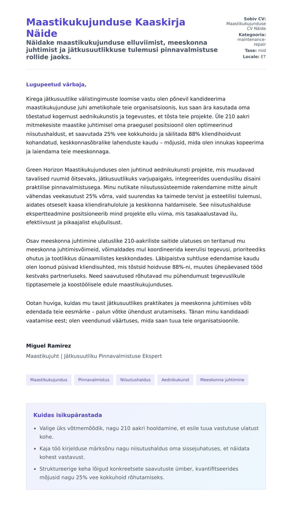 Kaaskirja eelvaade Maastikukujunduse Kaaskirja Näide jaoks