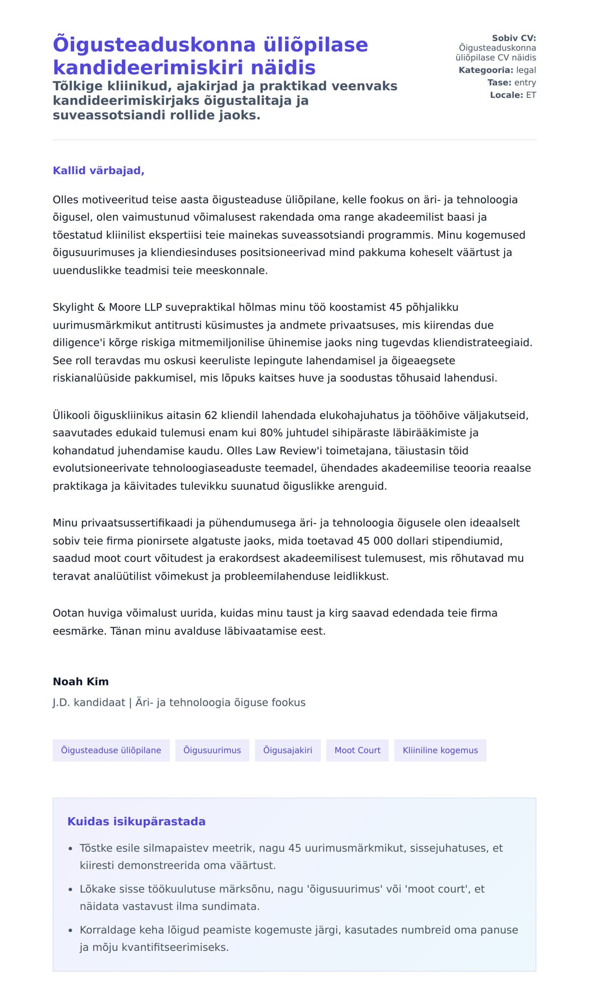 Kaaskirja eelvaade Õigusteaduskonna üliõpilase kandideerimiskiri näidis jaoks