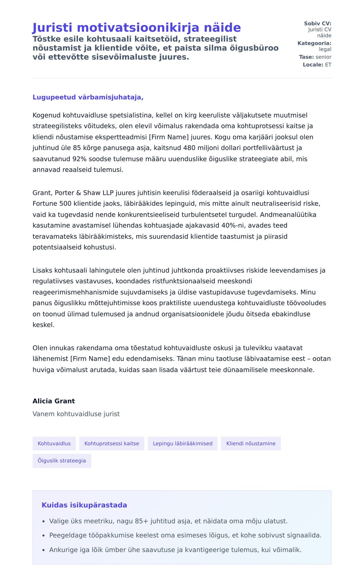 Kaaskirja eelvaade Juristi motivatsioonikirja näide jaoks