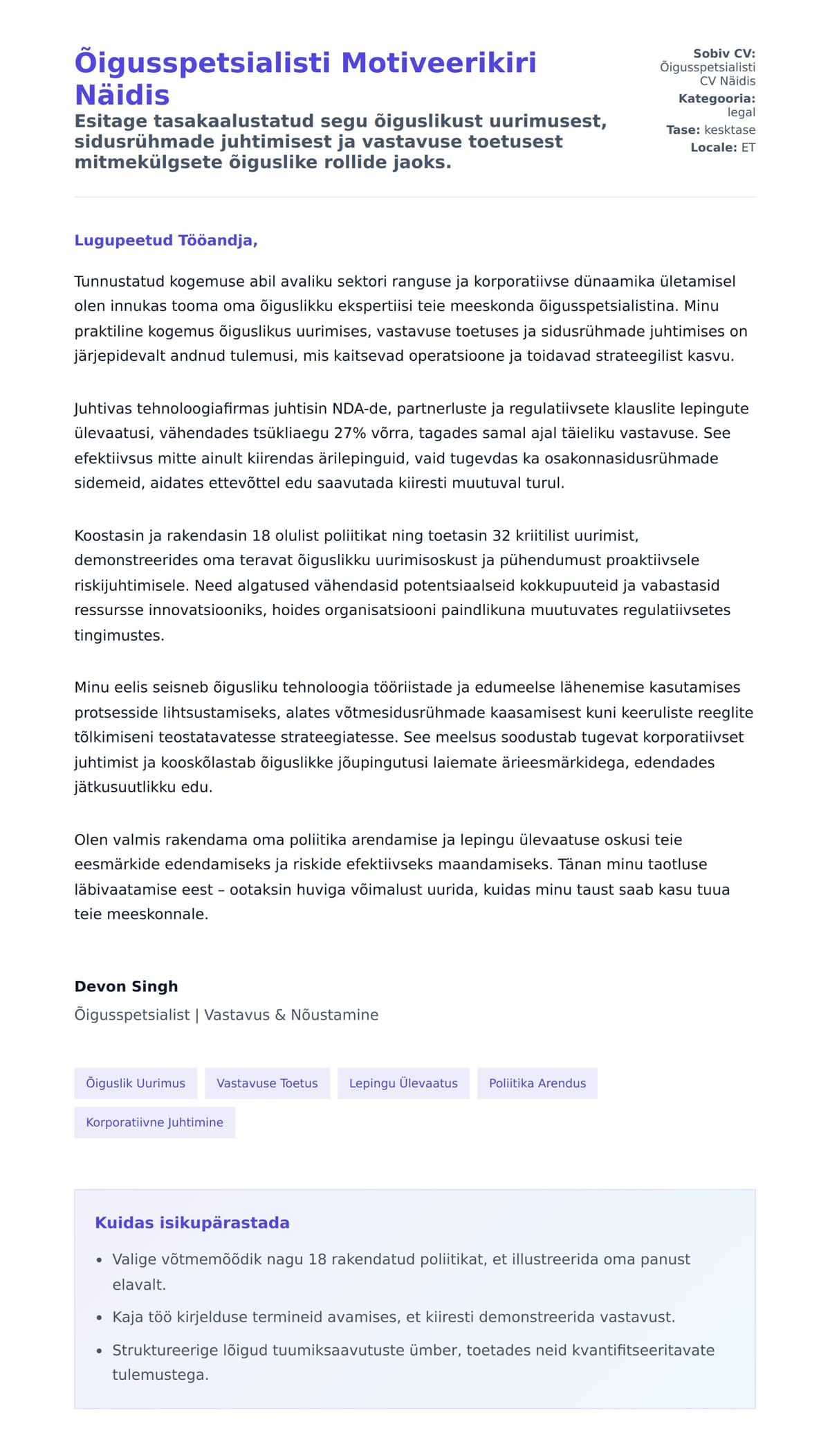 Kaaskirja eelvaade Õigusspetsialisti Motiveerikiri Näidis jaoks