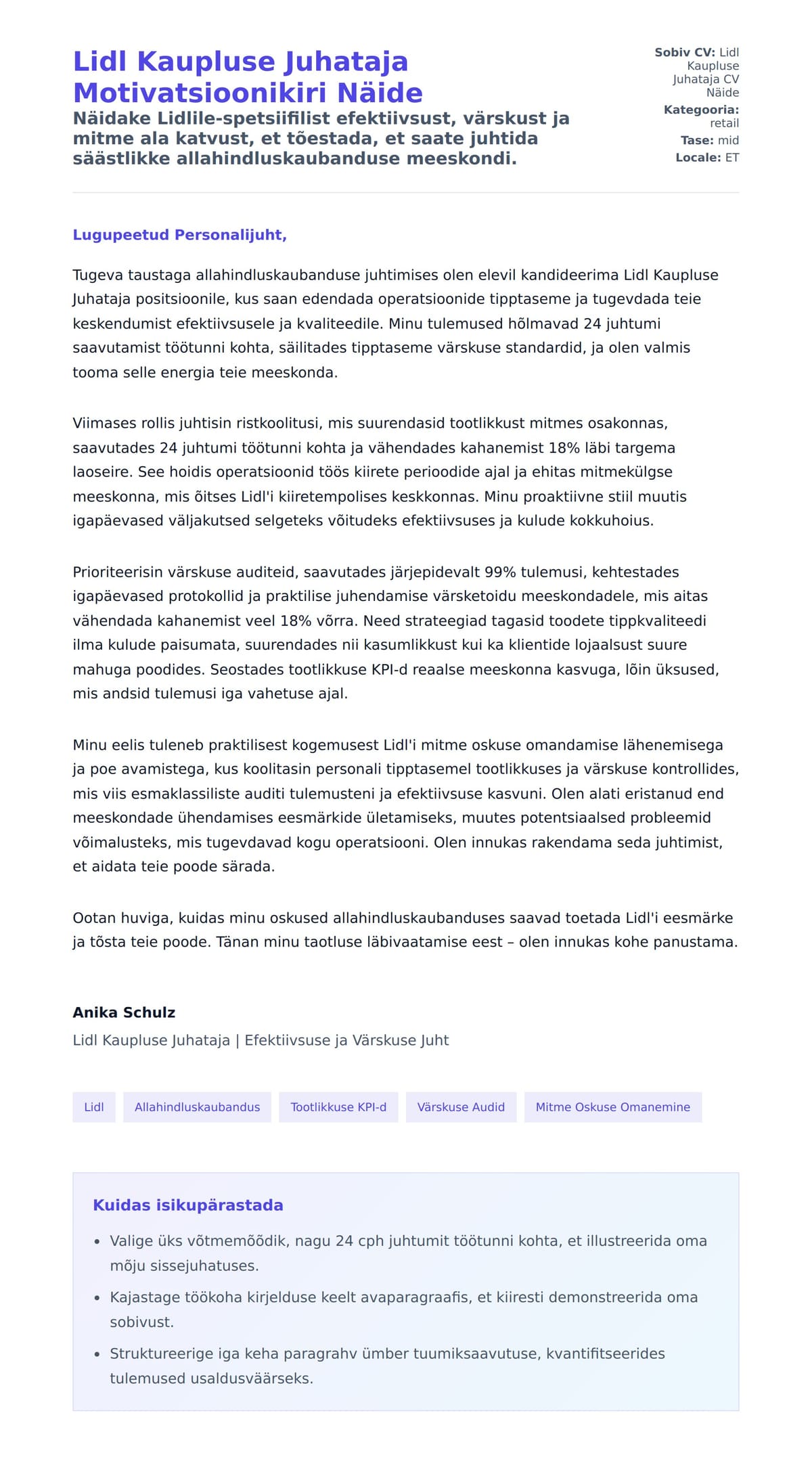Kaaskirja eelvaade Lidl Kaupluse Juhataja Motivatsioonikiri Näide jaoks