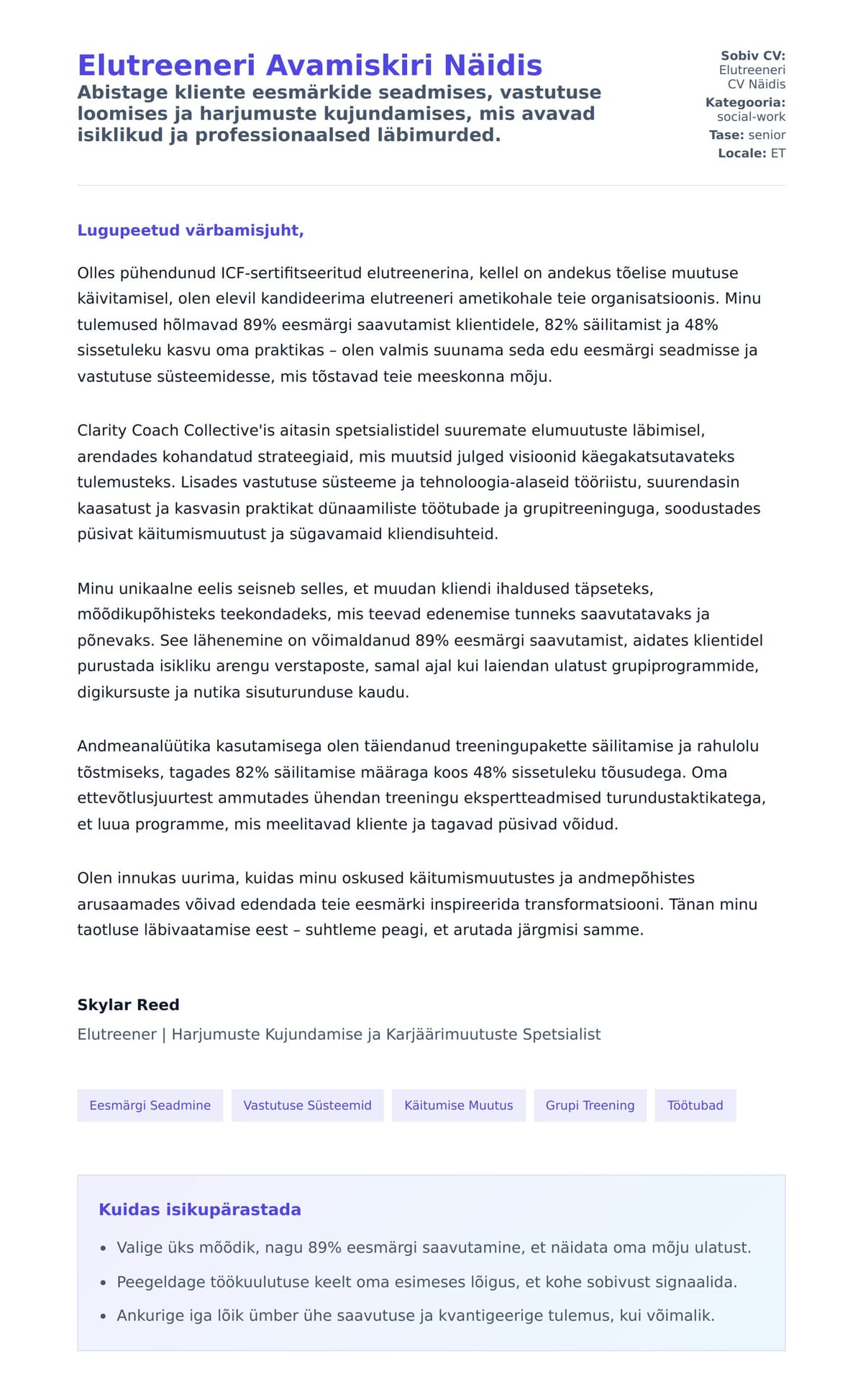 Kaaskirja eelvaade Elutreeneri Avamiskiri Näidis jaoks