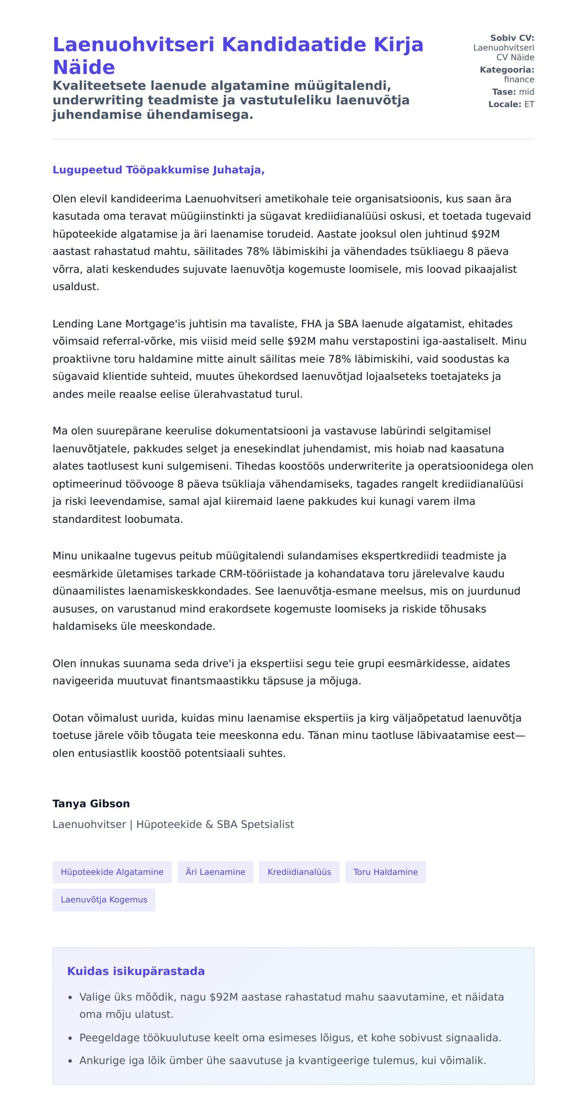 Kaaskirja eelvaade Laenuohvitseri Kandidaatide Kirja Näide jaoks