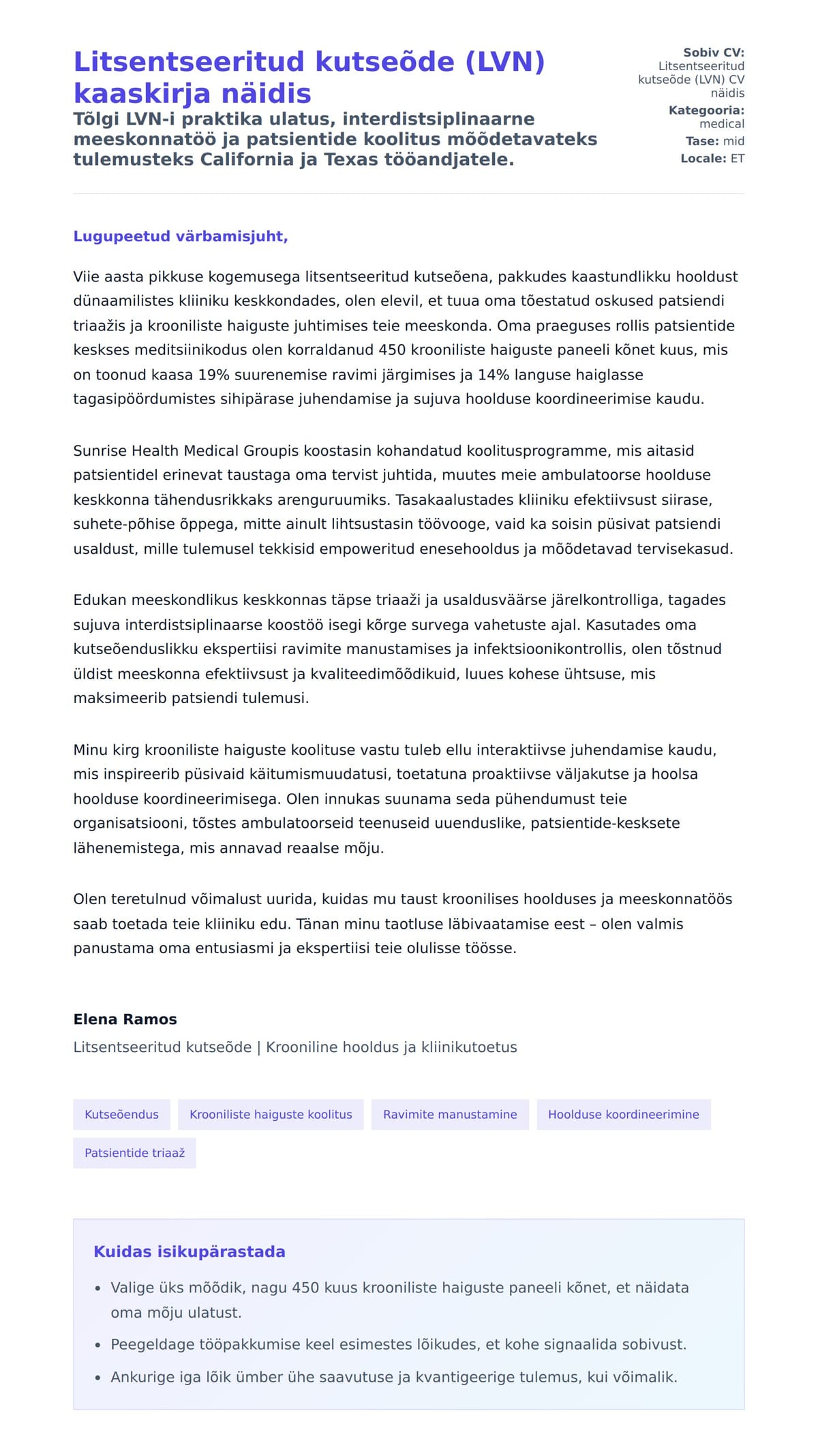 Kaaskirja eelvaade Litsentseeritud kutseõde (LVN) kaaskirja näidis jaoks