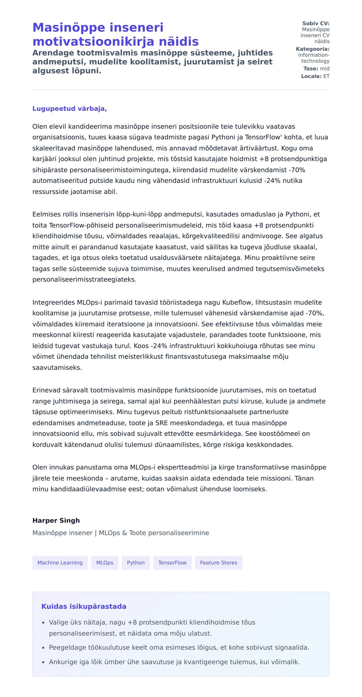 Kaaskirja eelvaade Masinõppe inseneri motivatsioonikirja näidis jaoks