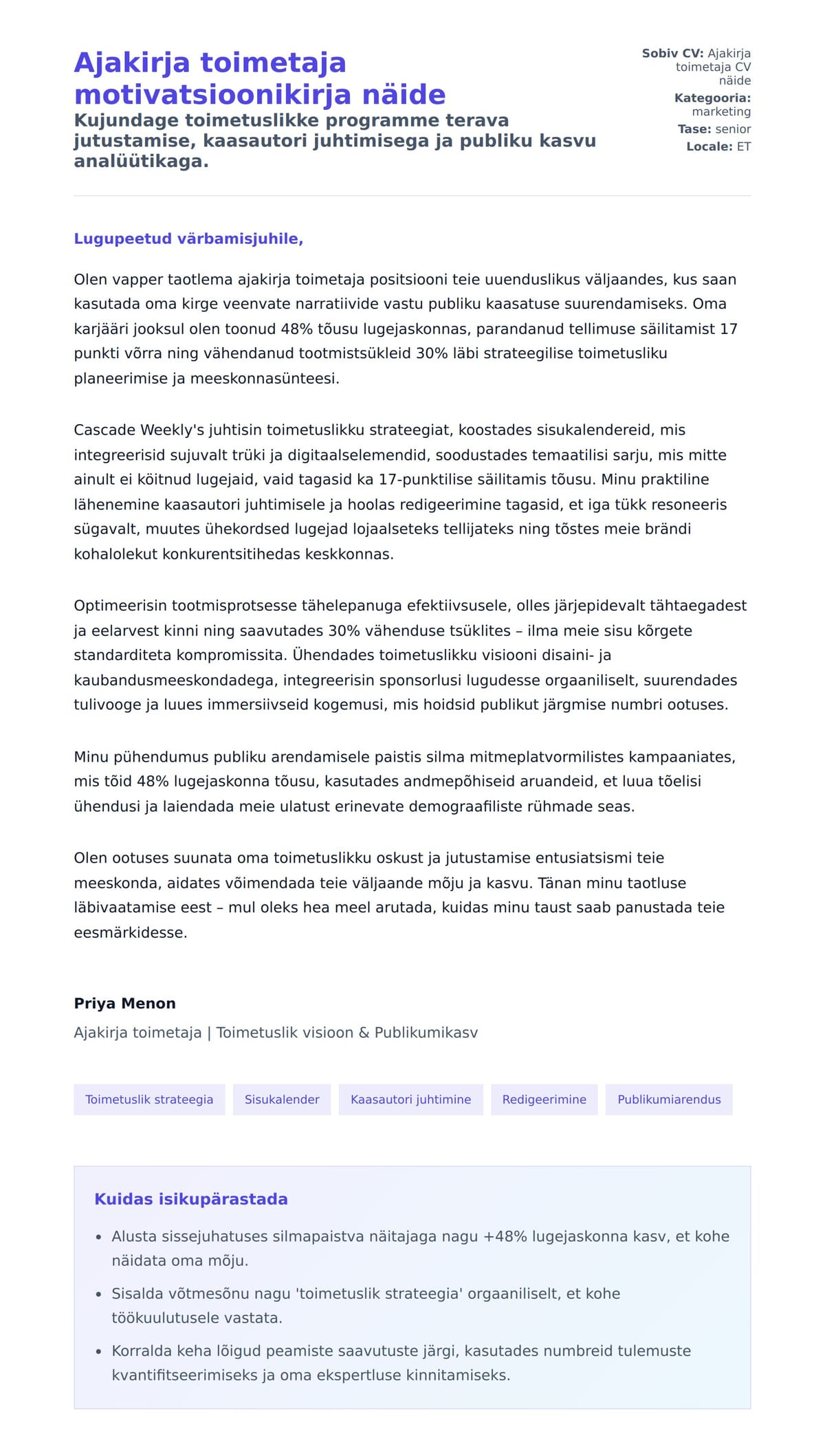 Kaaskirja eelvaade Ajakirja toimetaja motivatsioonikirja näide jaoks