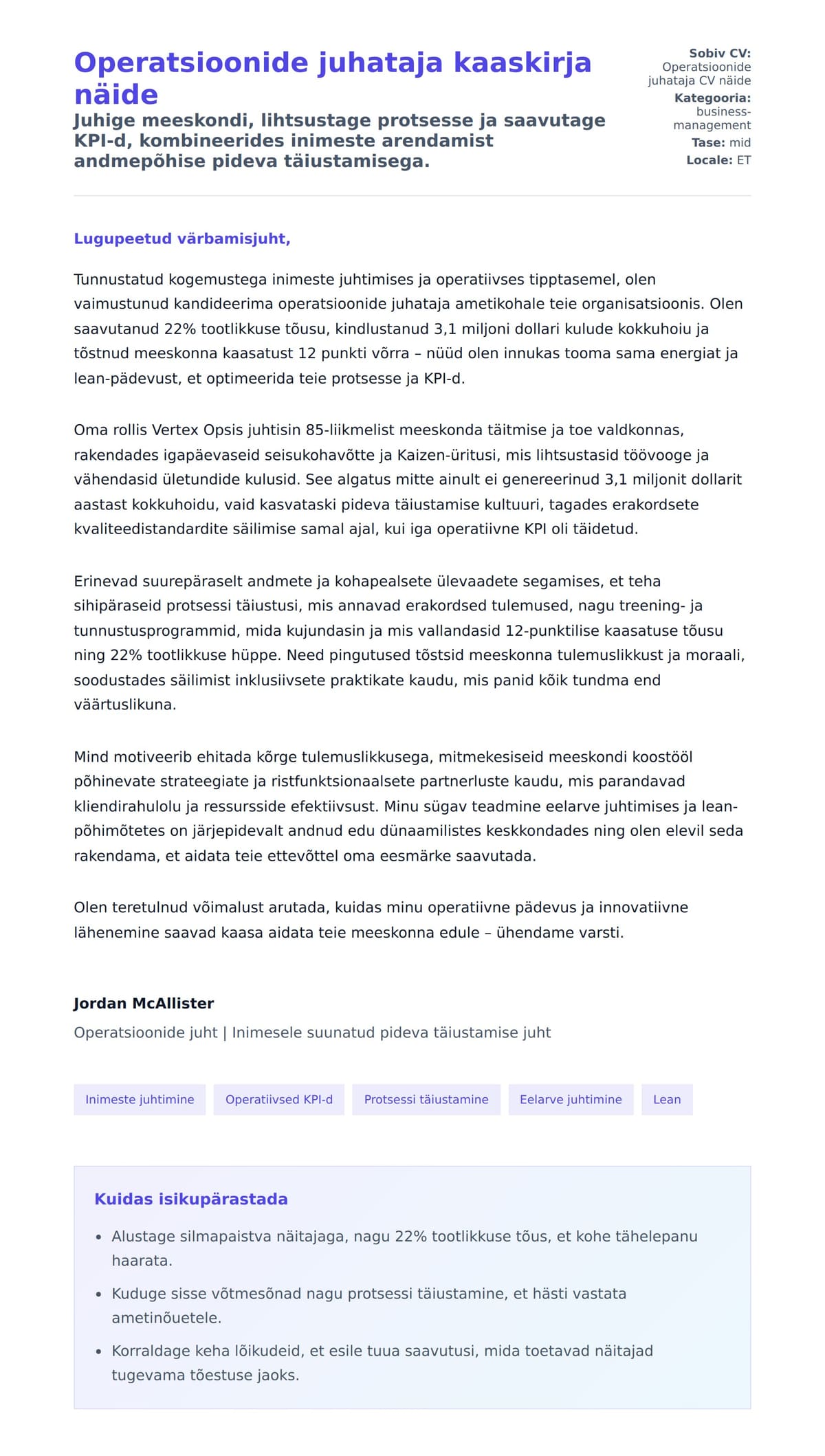 Kaaskirja eelvaade Operatsioonide juhataja kaaskirja näide jaoks