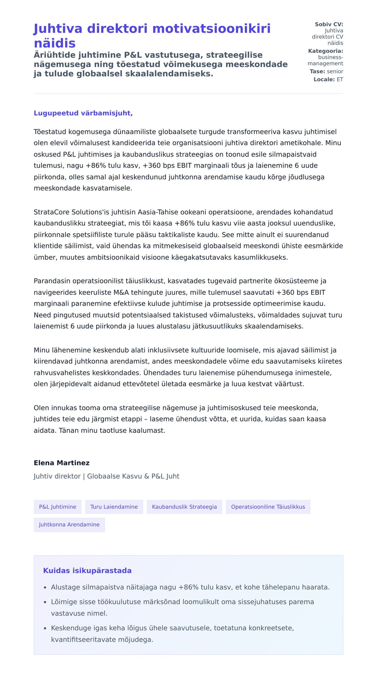 Kaaskirja eelvaade Juhtiva direktori motivatsioonikiri näidis jaoks