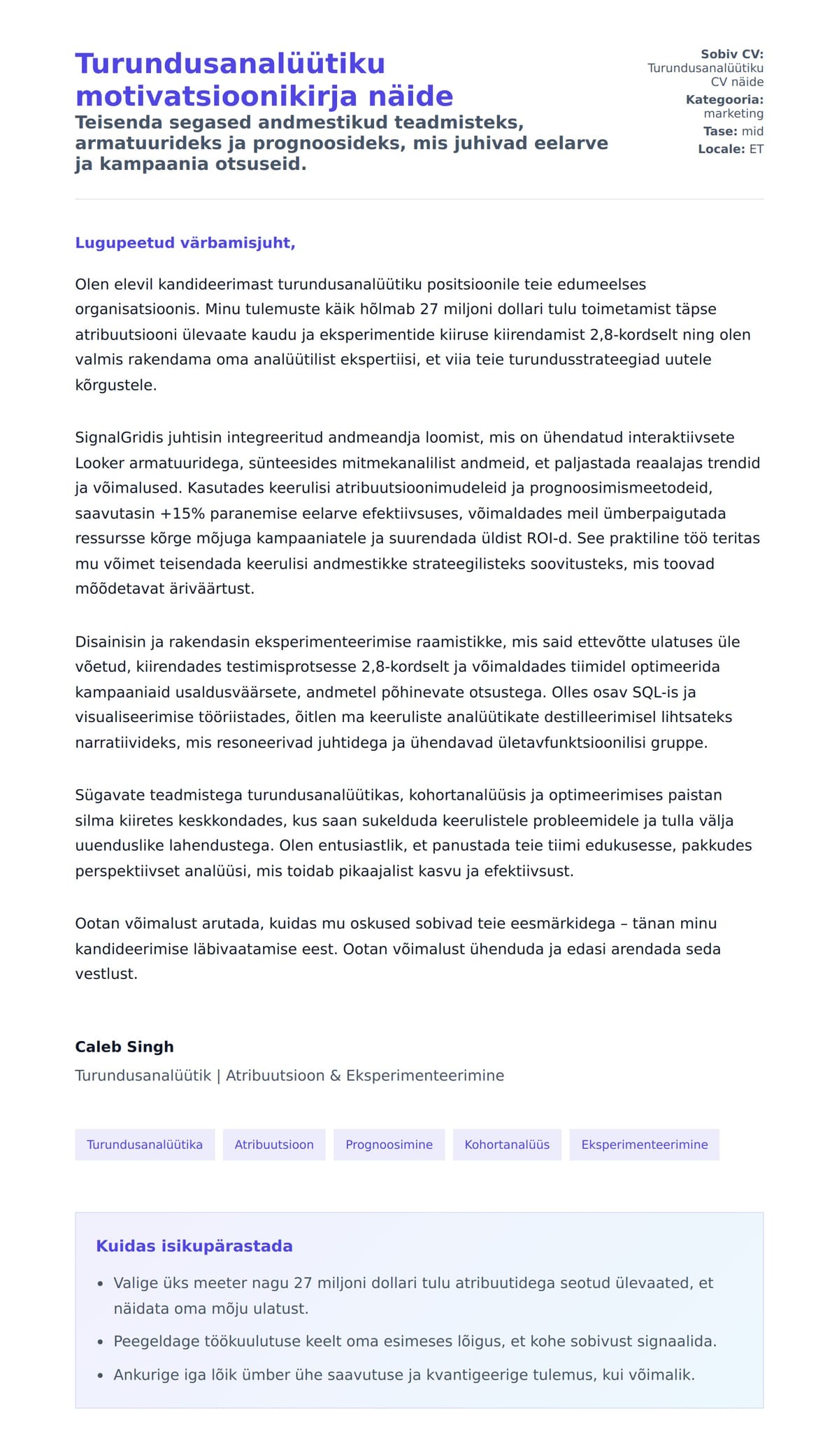 Kaaskirja eelvaade Turundusanalüütiku motivatsioonikirja näide jaoks