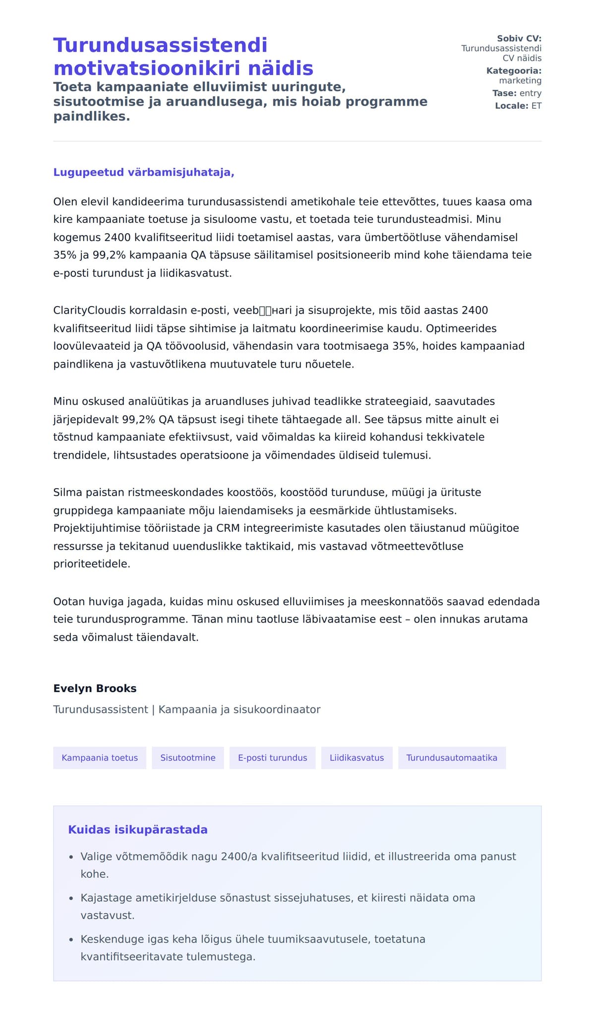 Kaaskirja eelvaade Turundusassistendi motivatsioonikiri näidis jaoks