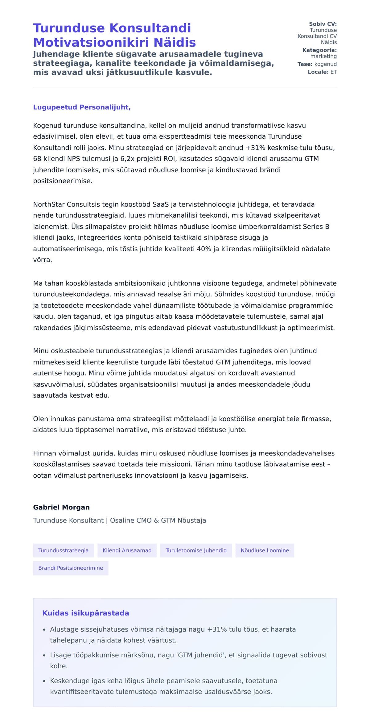 Kaaskirja eelvaade Turunduse Konsultandi Motivatsioonikiri Näidis jaoks