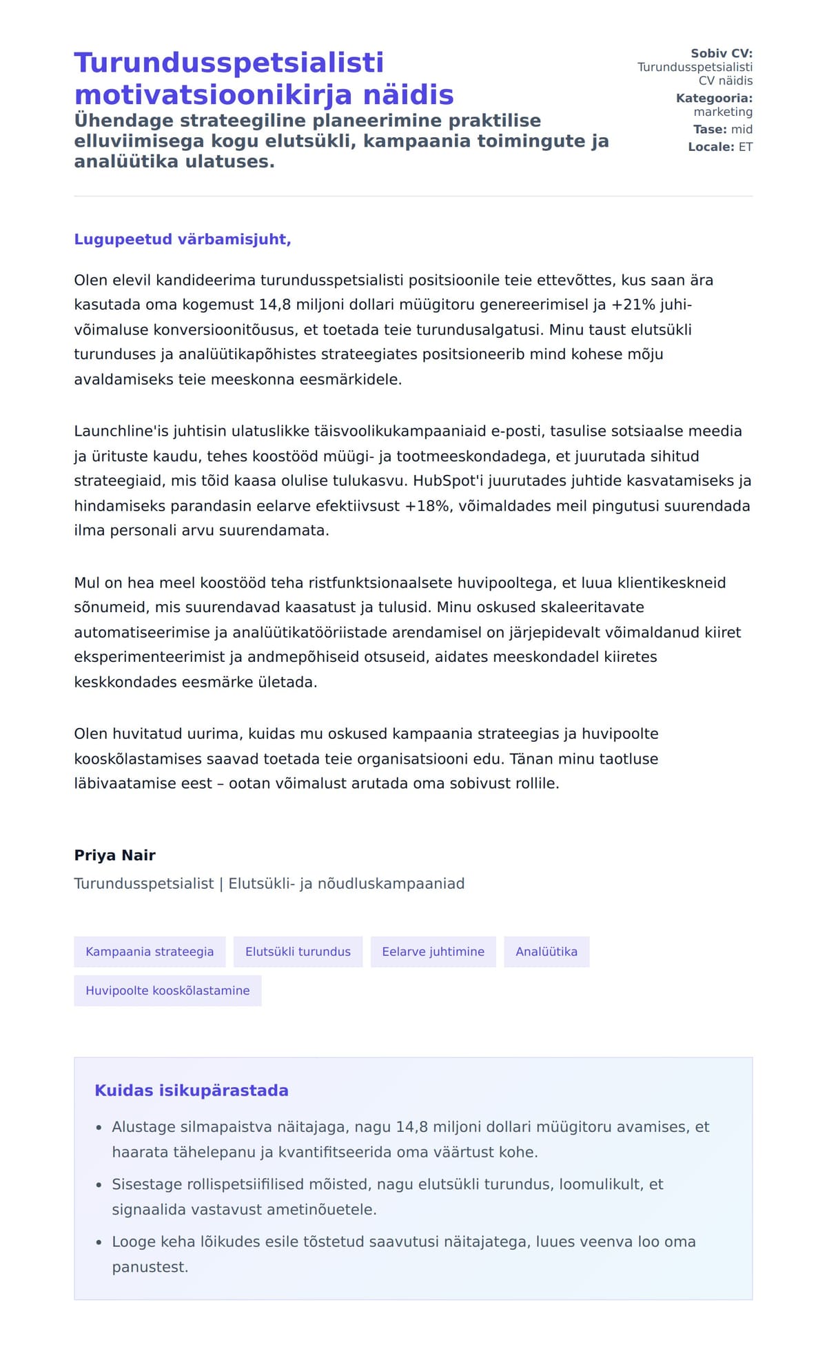 Kaaskirja eelvaade Turundusspetsialisti motivatsioonikirja näidis jaoks