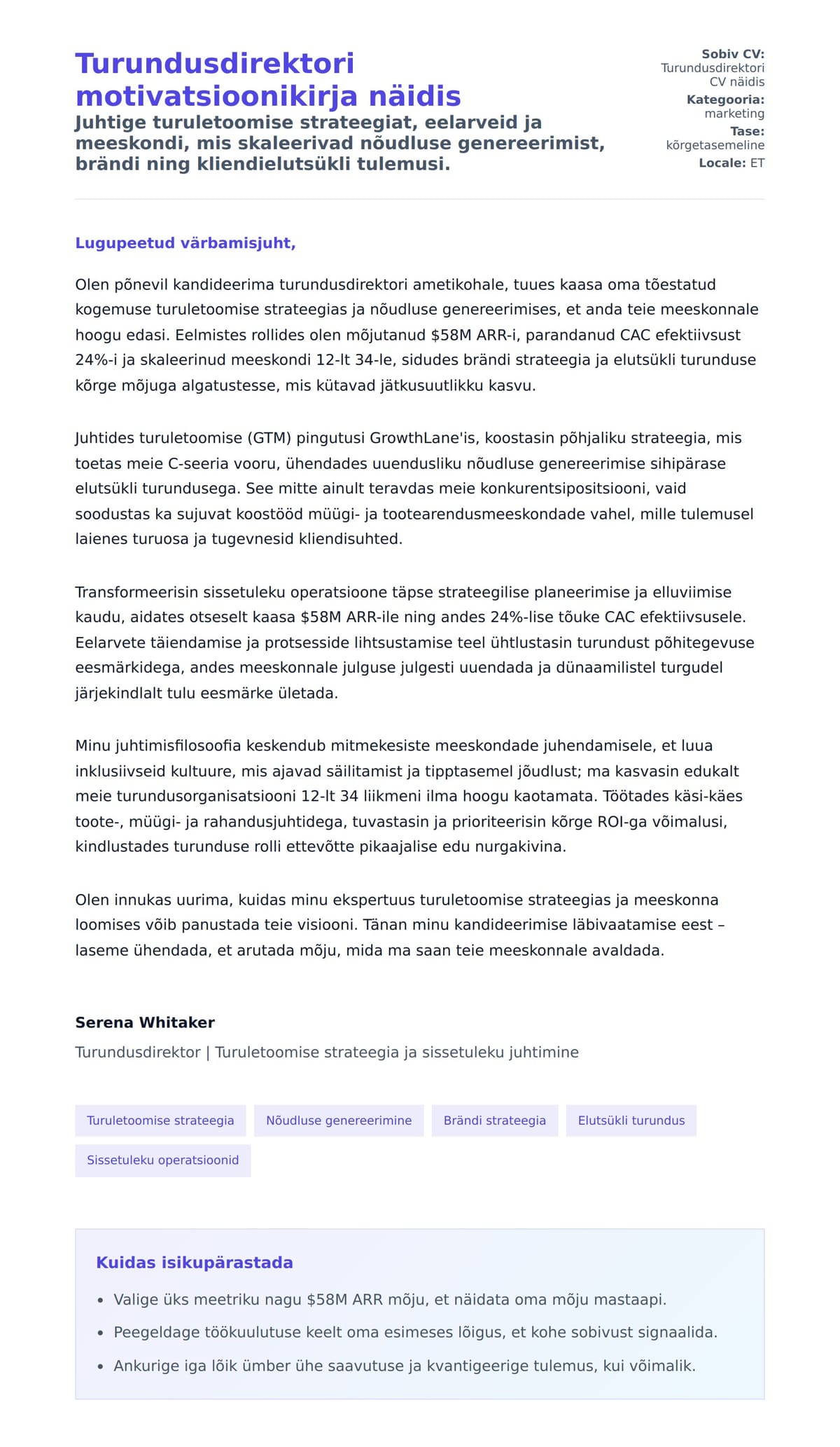 Kaaskirja eelvaade Turundusdirektori motivatsioonikirja näidis jaoks