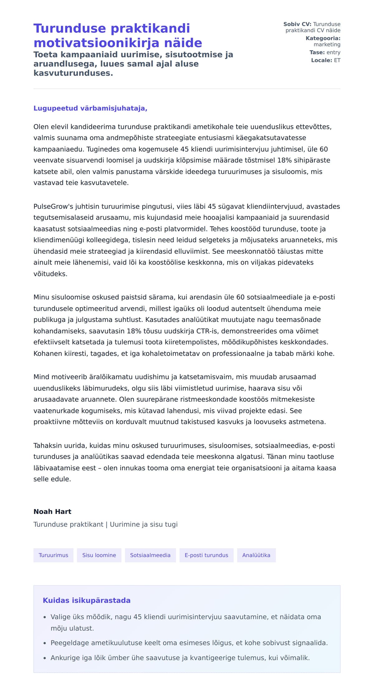 Kaaskirja eelvaade Turunduse praktikandi motivatsioonikirja näide jaoks