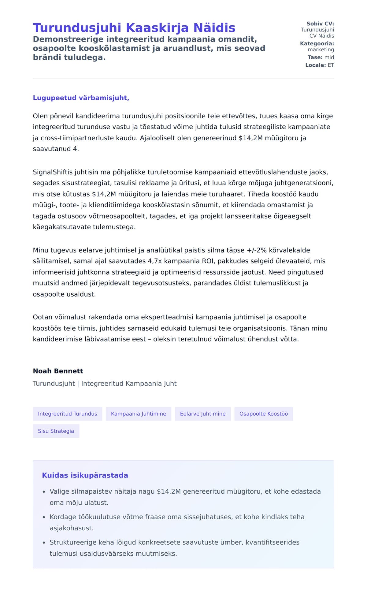 Kaaskirja eelvaade Turundusjuhi Kaaskirja Näidis jaoks