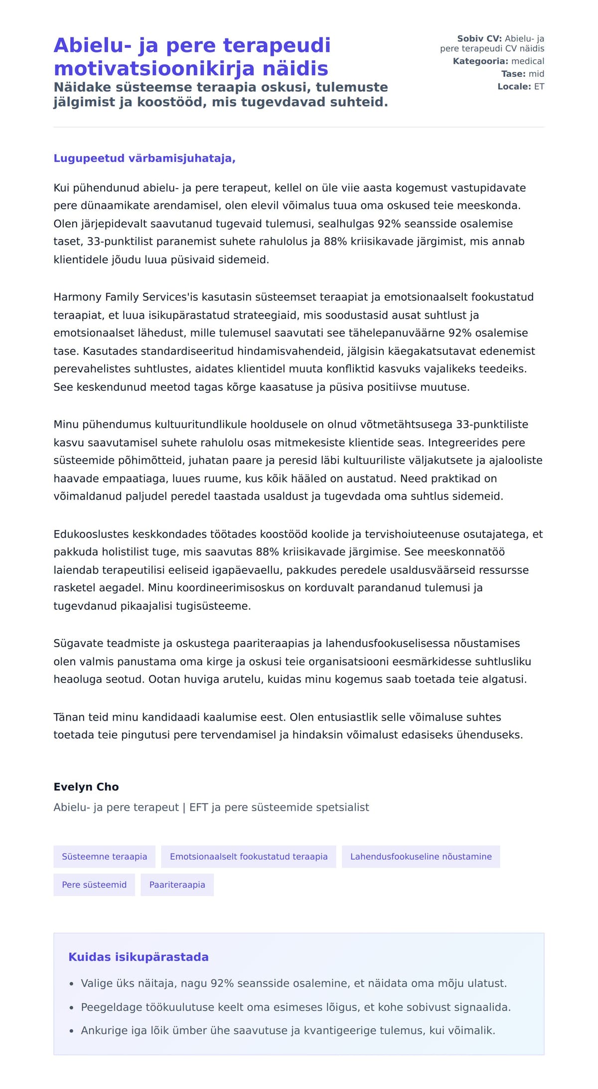 Kaaskirja eelvaade Abielu- ja pere terapeudi motivatsioonikirja näidis jaoks