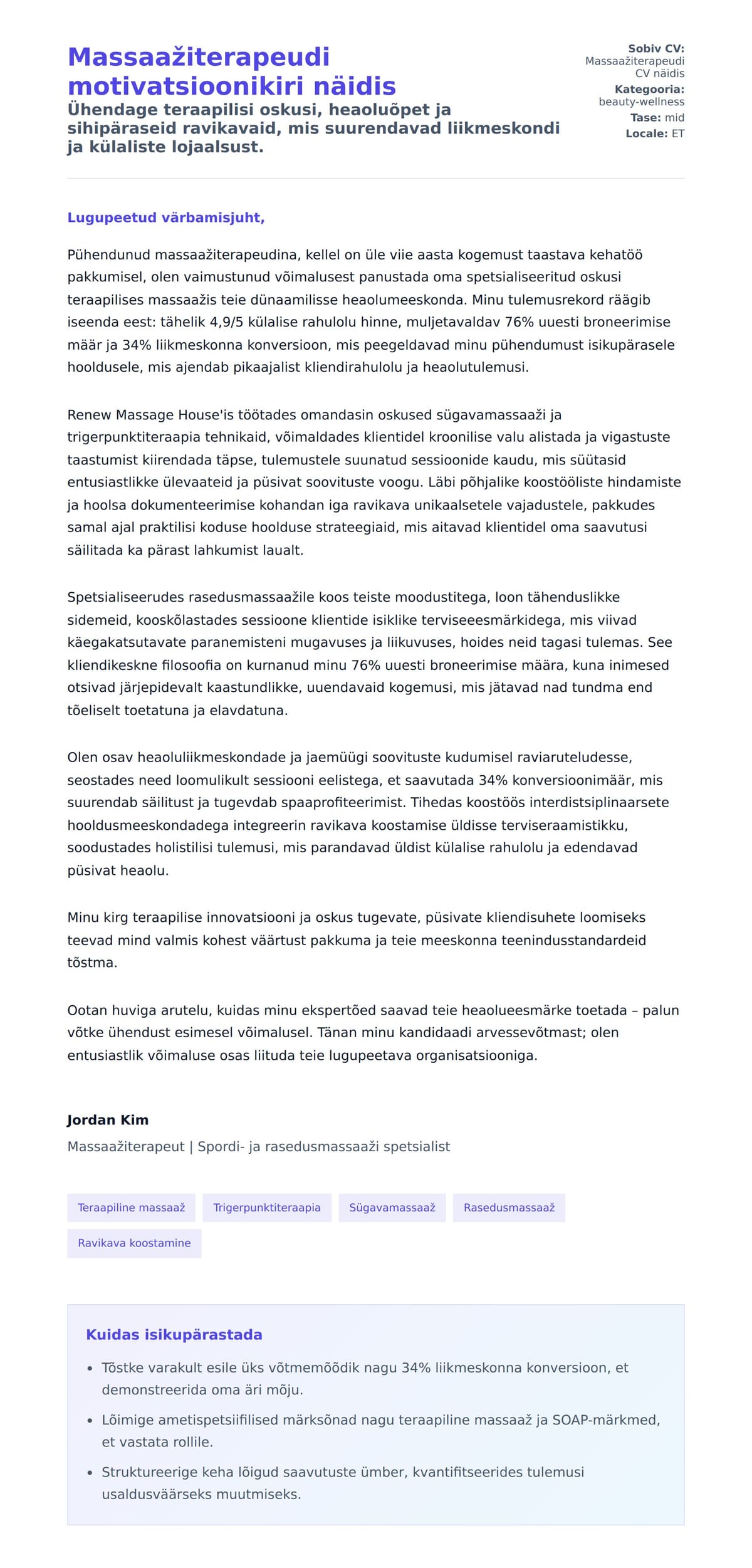 Massaažiterapeudi motivatsioonikiri näidis