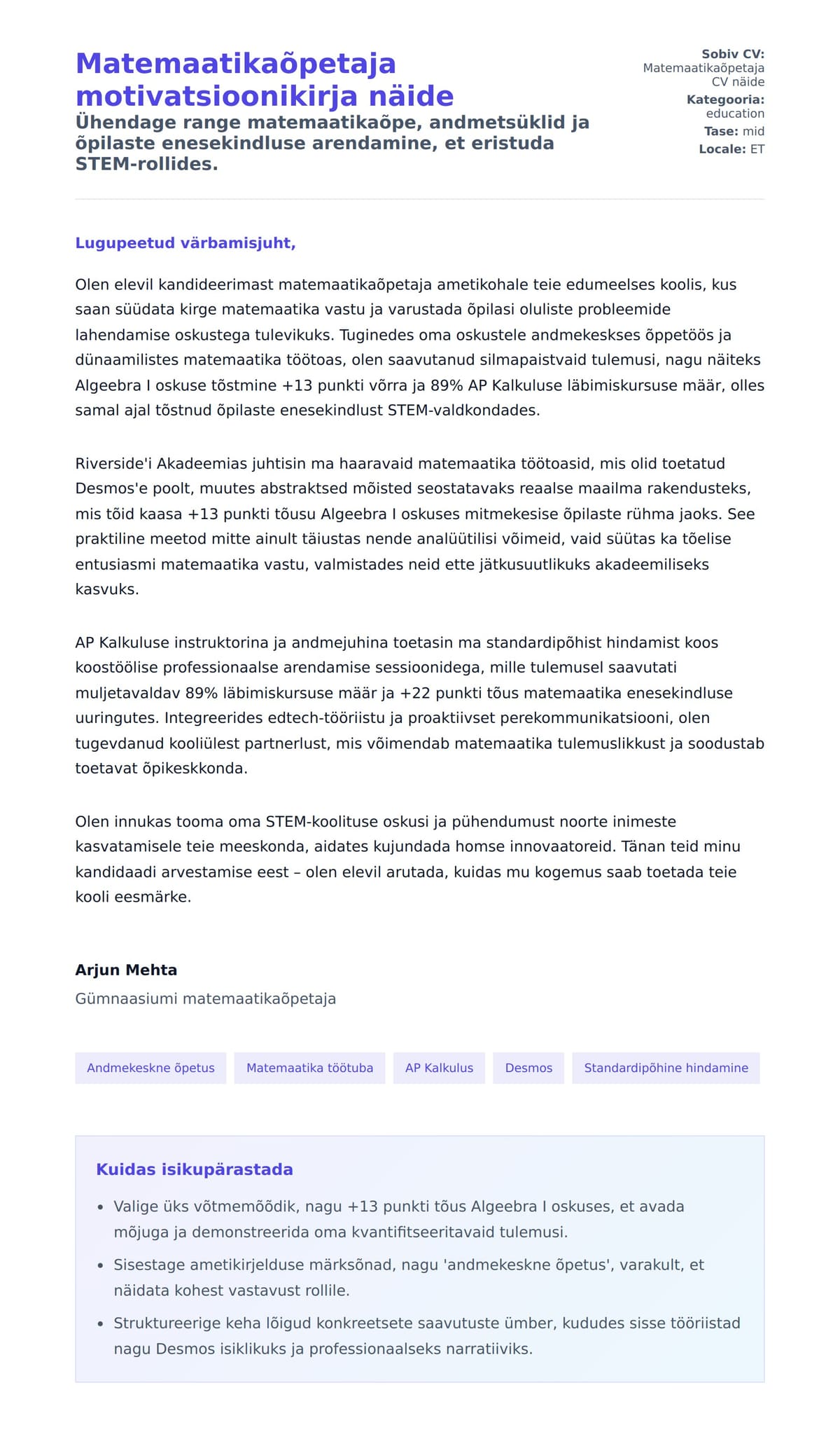 Kaaskirja eelvaade Matemaatikaõpetaja motivatsioonikirja näide jaoks