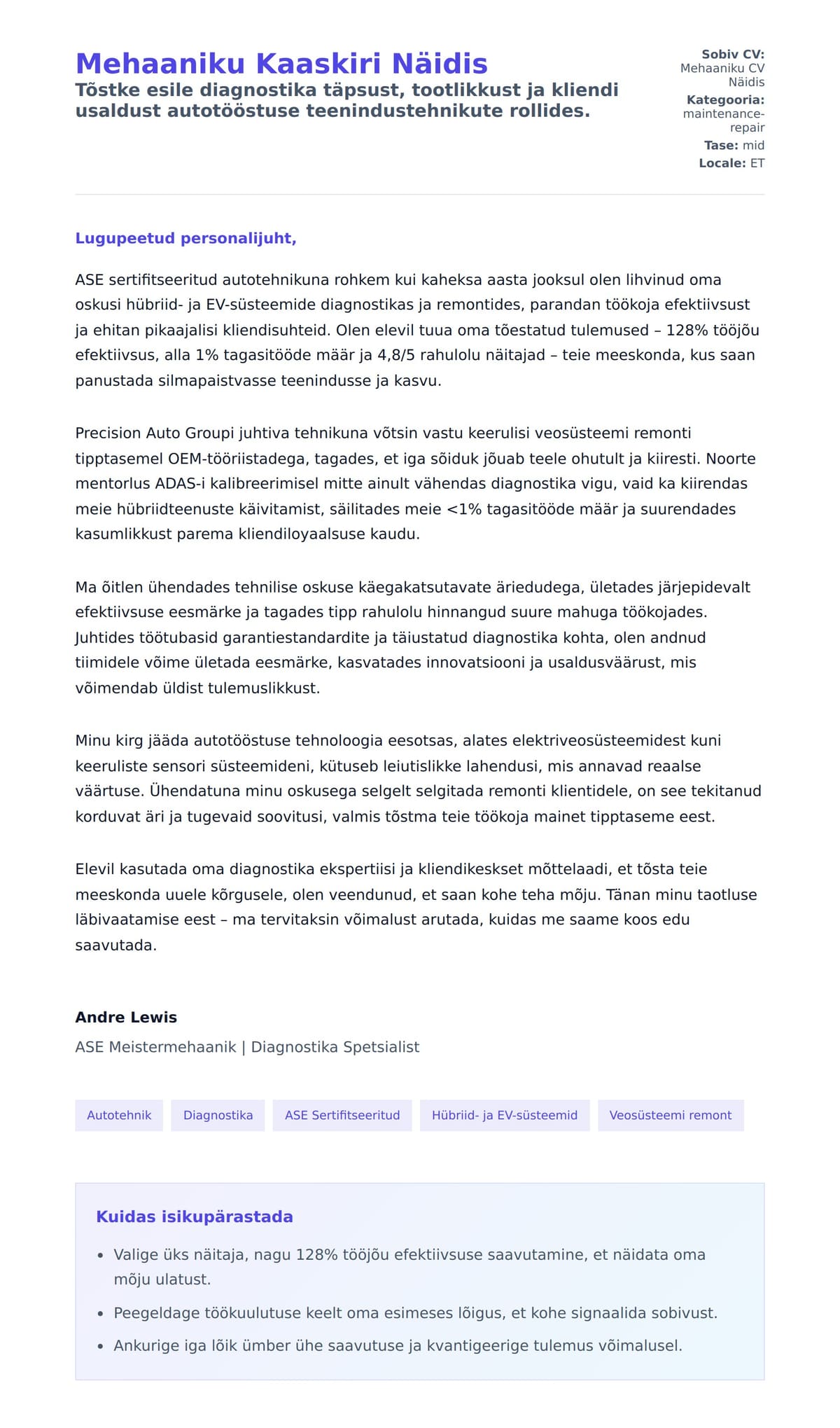 Kaaskirja eelvaade Mehaaniku Kaaskiri Näidis jaoks