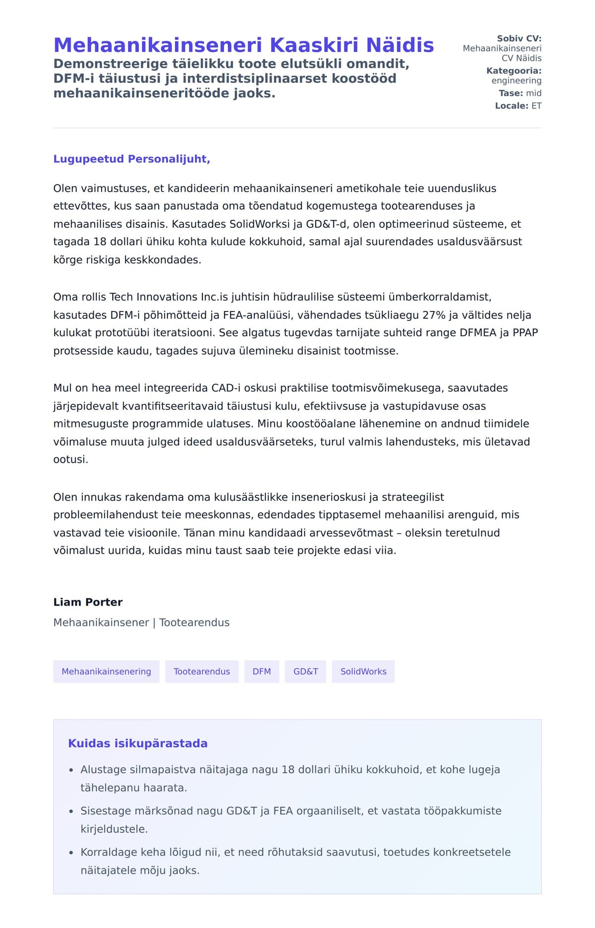 Kaaskirja eelvaade Mehaanikainseneri Kaaskiri Näidis jaoks