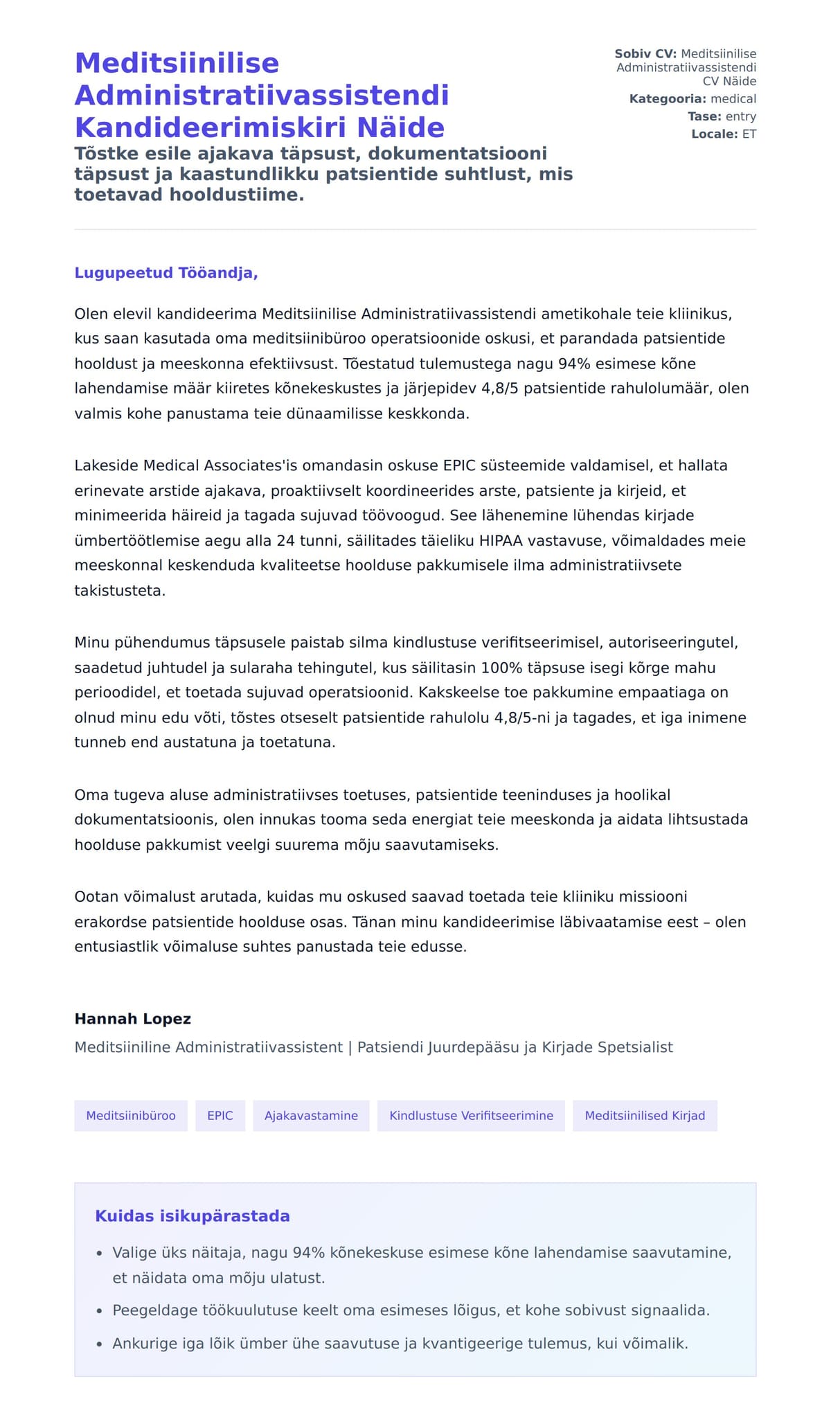 Kaaskirja eelvaade Meditsiinilise Administratiivassistendi Kandideerimiskiri Näide jaoks