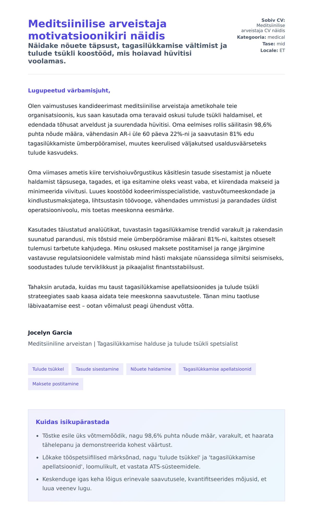 Kaaskirja eelvaade Meditsiinilise arveistaja motivatsioonikiri näidis jaoks