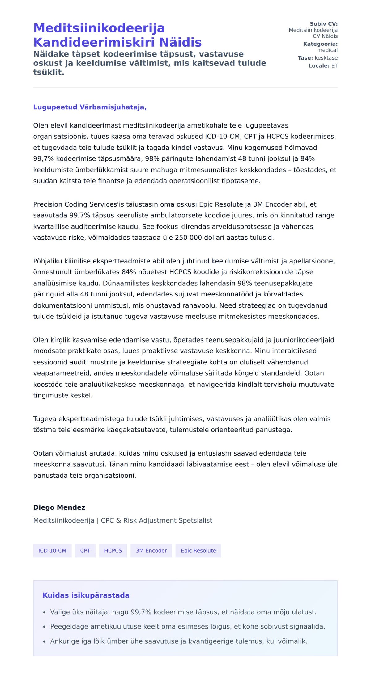 Kaaskirja eelvaade Meditsiinikodeerija Kandideerimiskiri Näidis jaoks