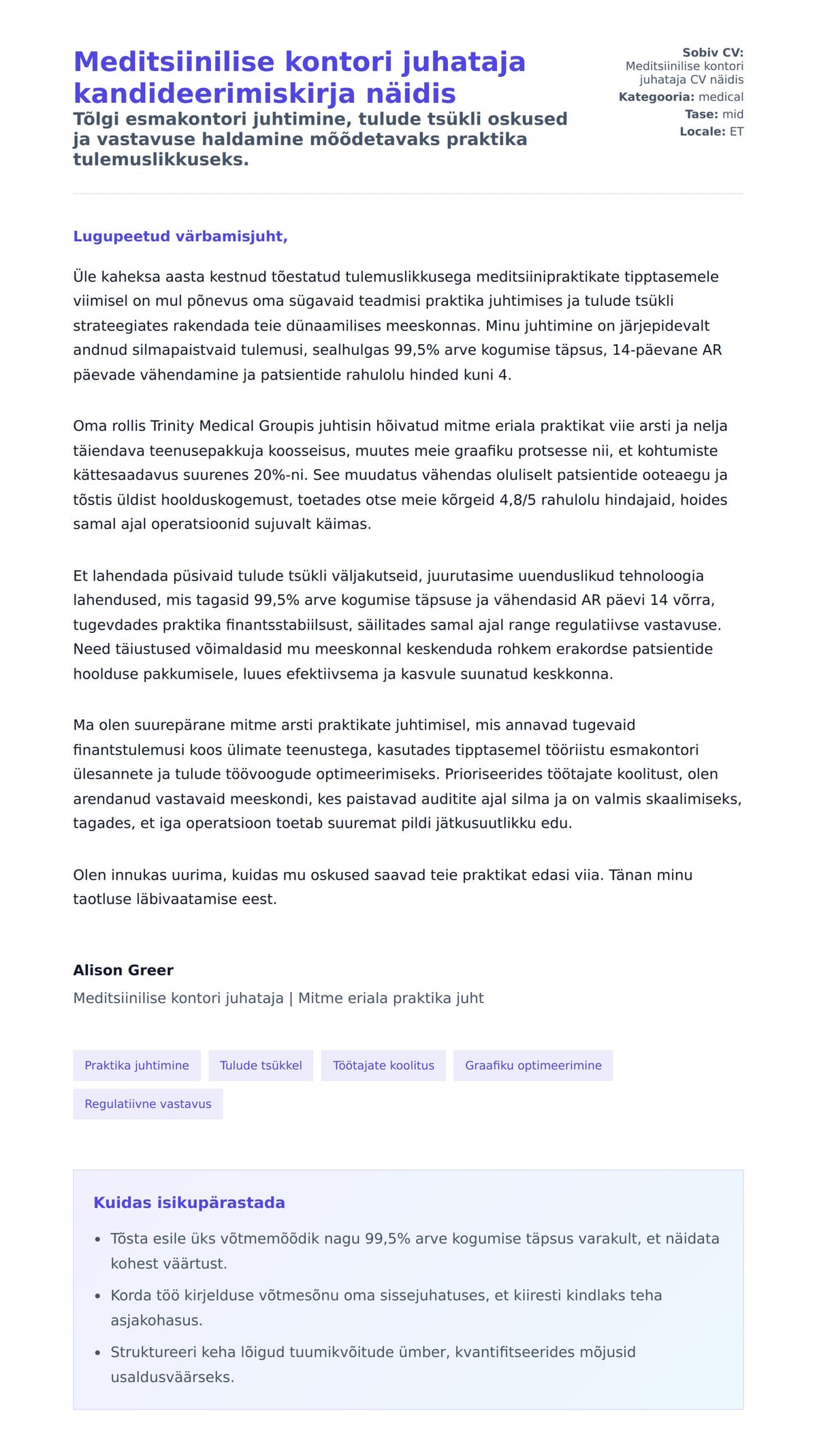 Kaaskirja eelvaade Meditsiinilise kontori juhataja kandideerimiskirja näidis jaoks