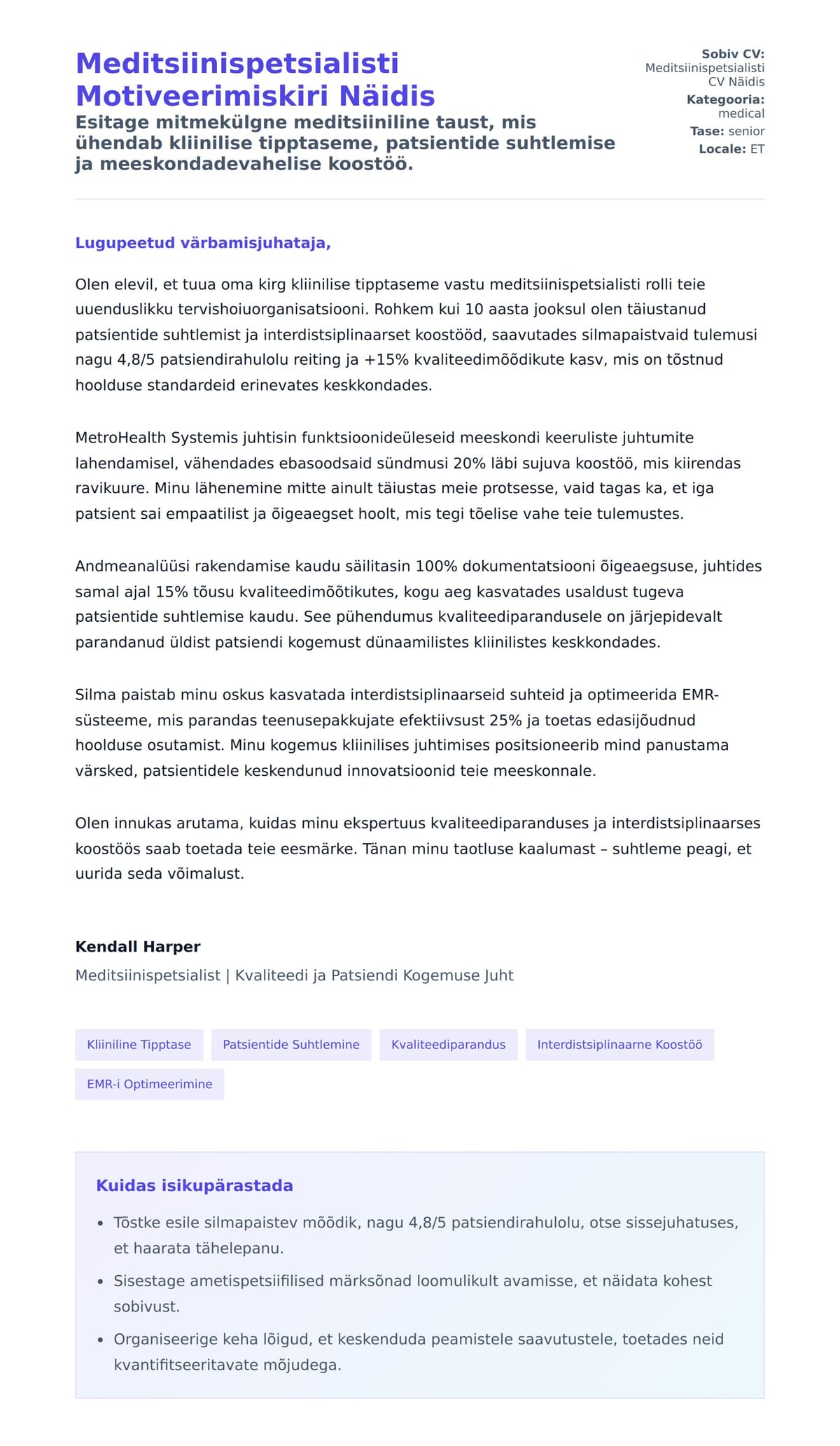 Kaaskirja eelvaade Meditsiinispetsialisti Motiveerimiskiri Näidis jaoks