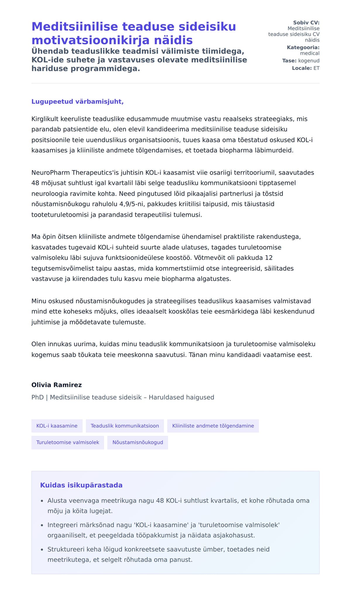 Kaaskirja eelvaade Meditsiinilise teaduse sideisiku motivatsioonikirja näidis jaoks