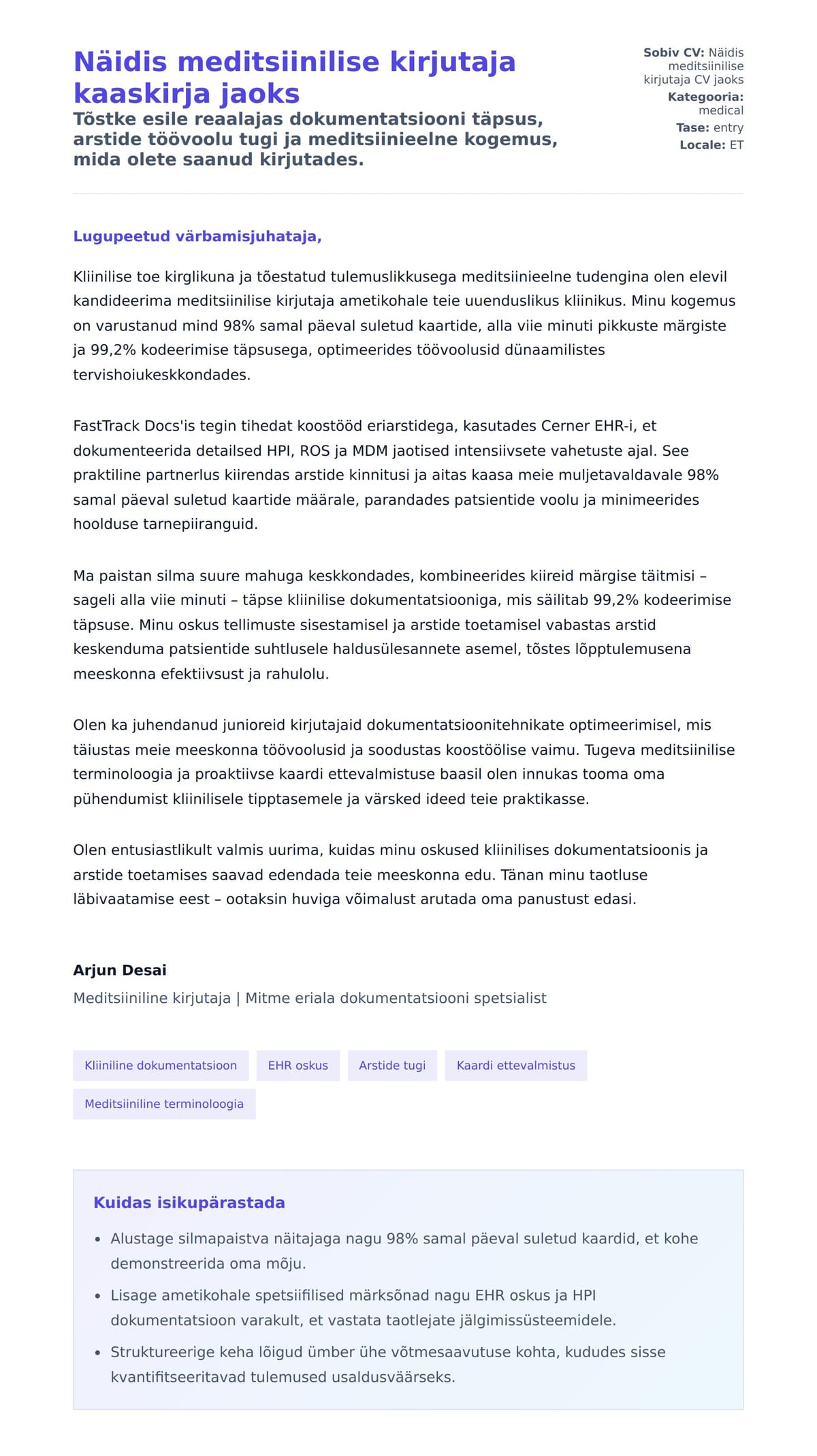 Kaaskirja eelvaade Näidis meditsiinilise kirjutaja kaaskirja jaoks jaoks