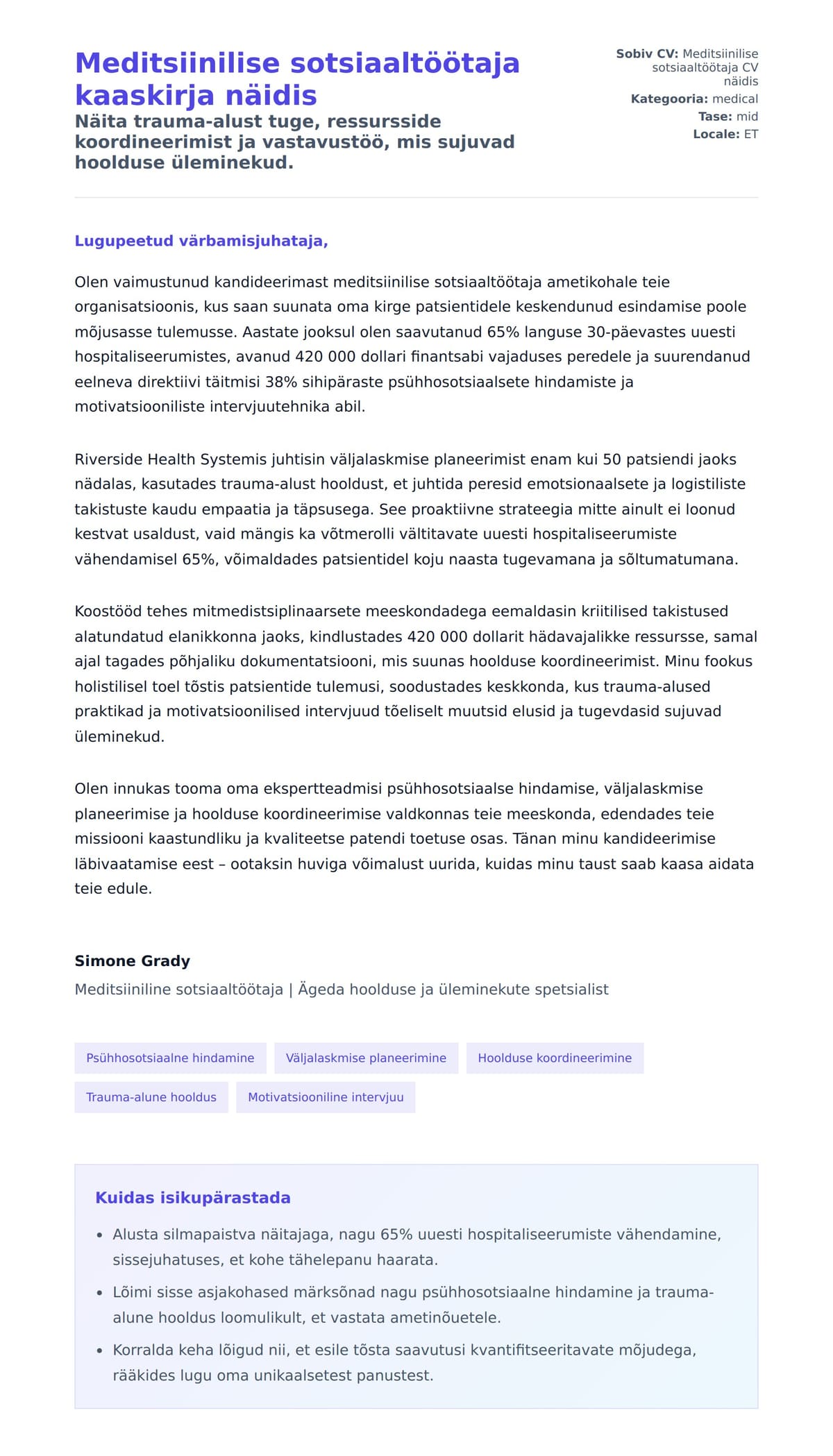 Kaaskirja eelvaade Meditsiinilise sotsiaaltöötaja kaaskirja näidis jaoks