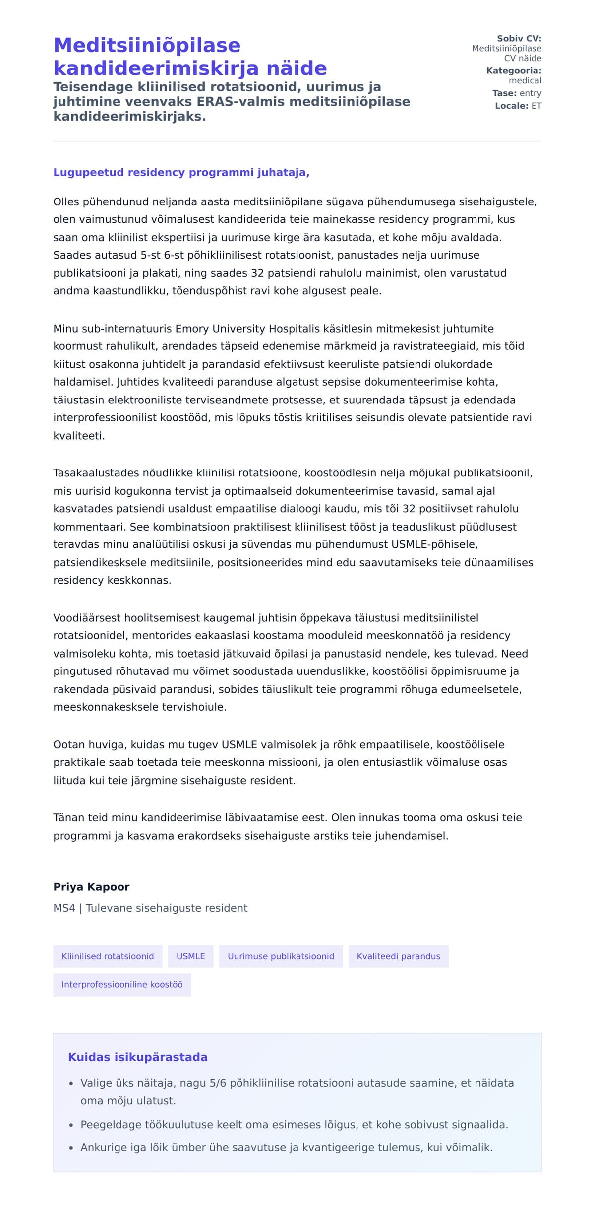 Kaaskirja eelvaade Meditsiiniõpilase kandideerimiskirja näide jaoks