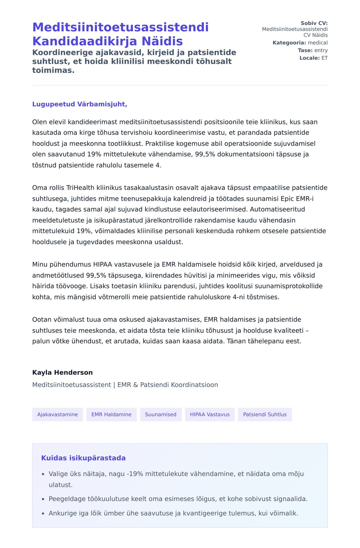 Kaaskirja eelvaade Meditsiinitoetusassistendi Kandidaadikirja Näidis jaoks