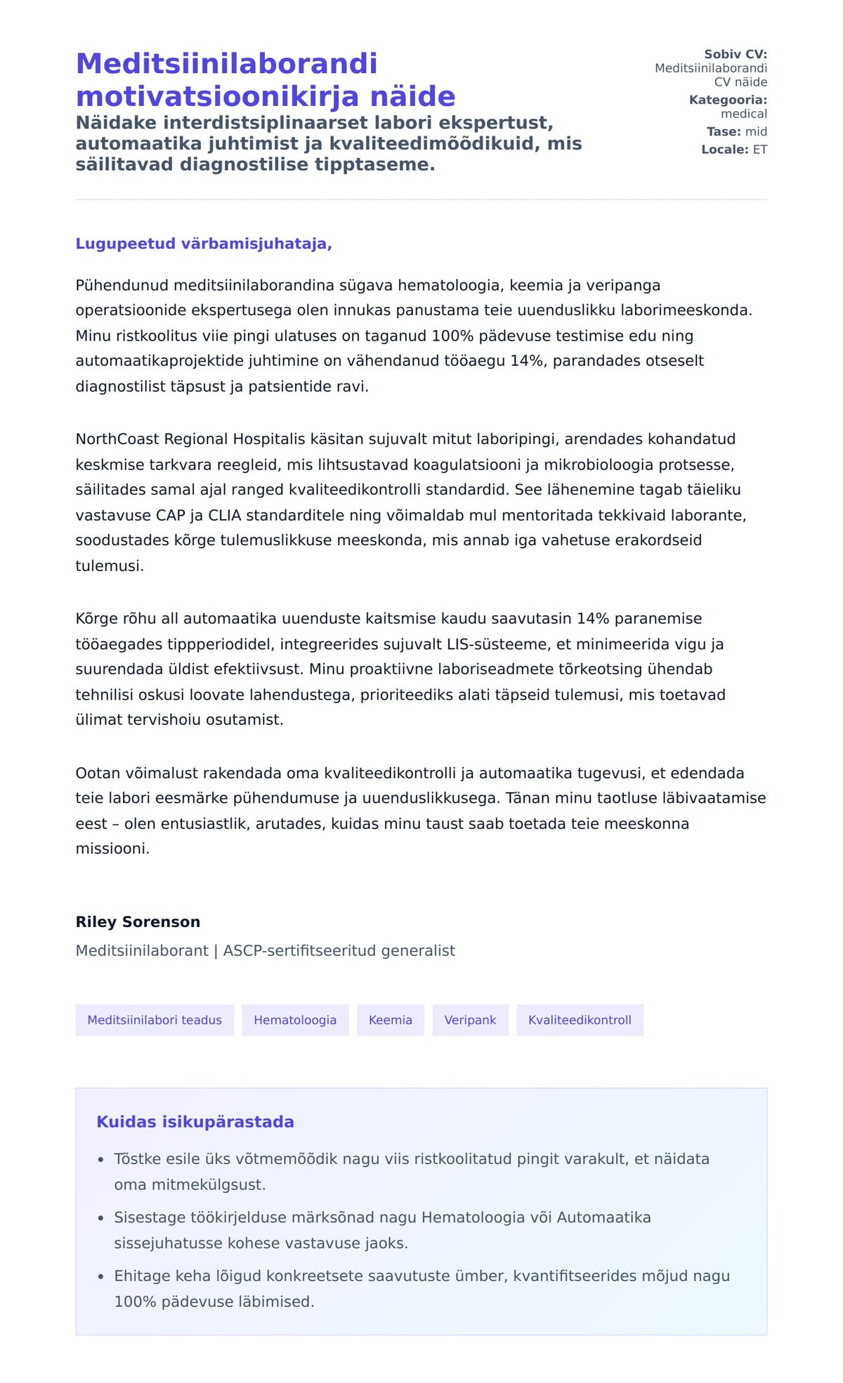 Kaaskirja eelvaade Meditsiinilaborandi motivatsioonikirja näide jaoks