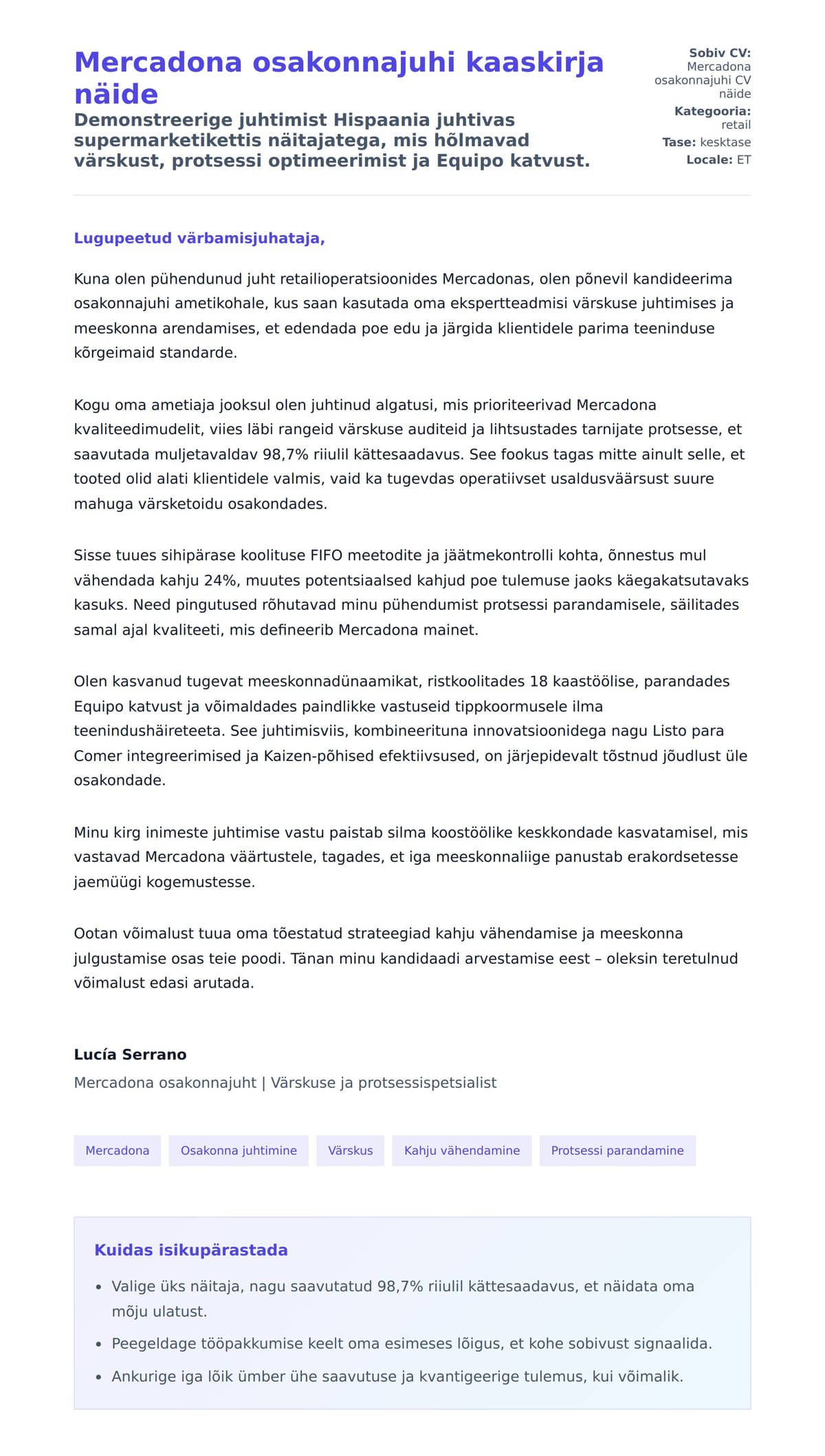 Kaaskirja eelvaade Mercadona osakonnajuhi kaaskirja näide jaoks