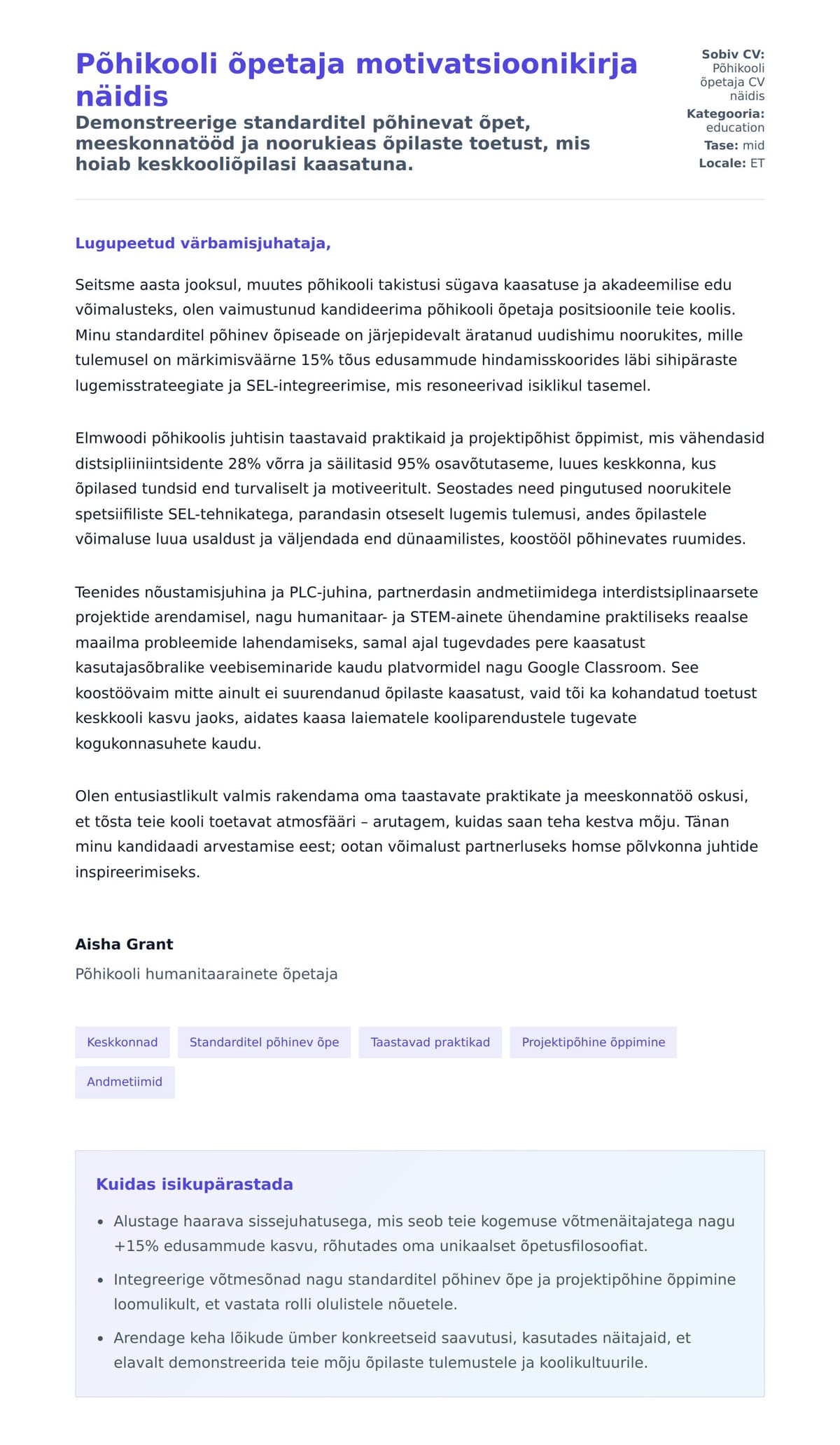 Kaaskirja eelvaade Põhikooli õpetaja motivatsioonikirja näidis jaoks