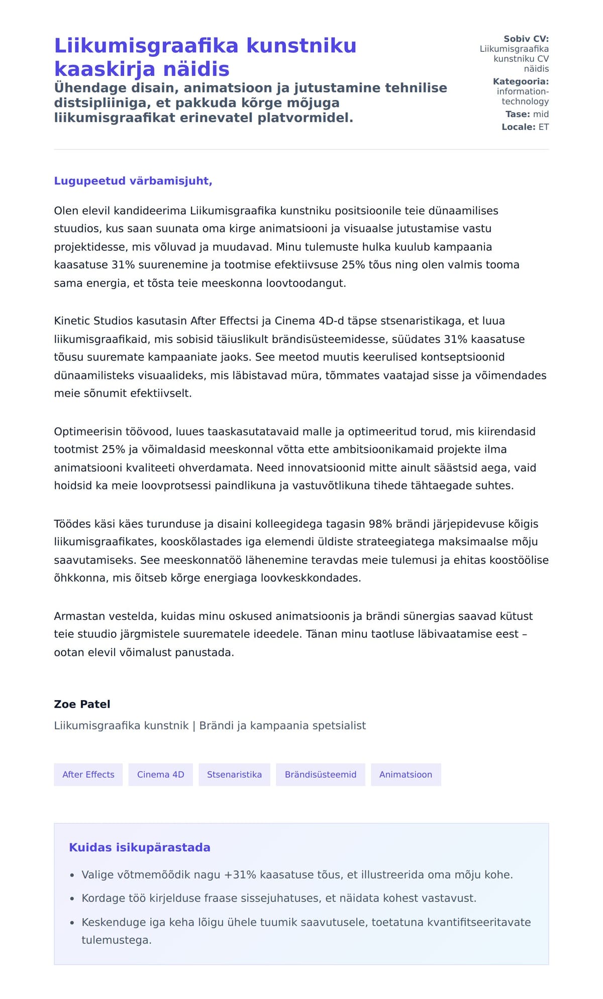 Kaaskirja eelvaade Liikumisgraafika kunstniku kaaskirja näidis jaoks