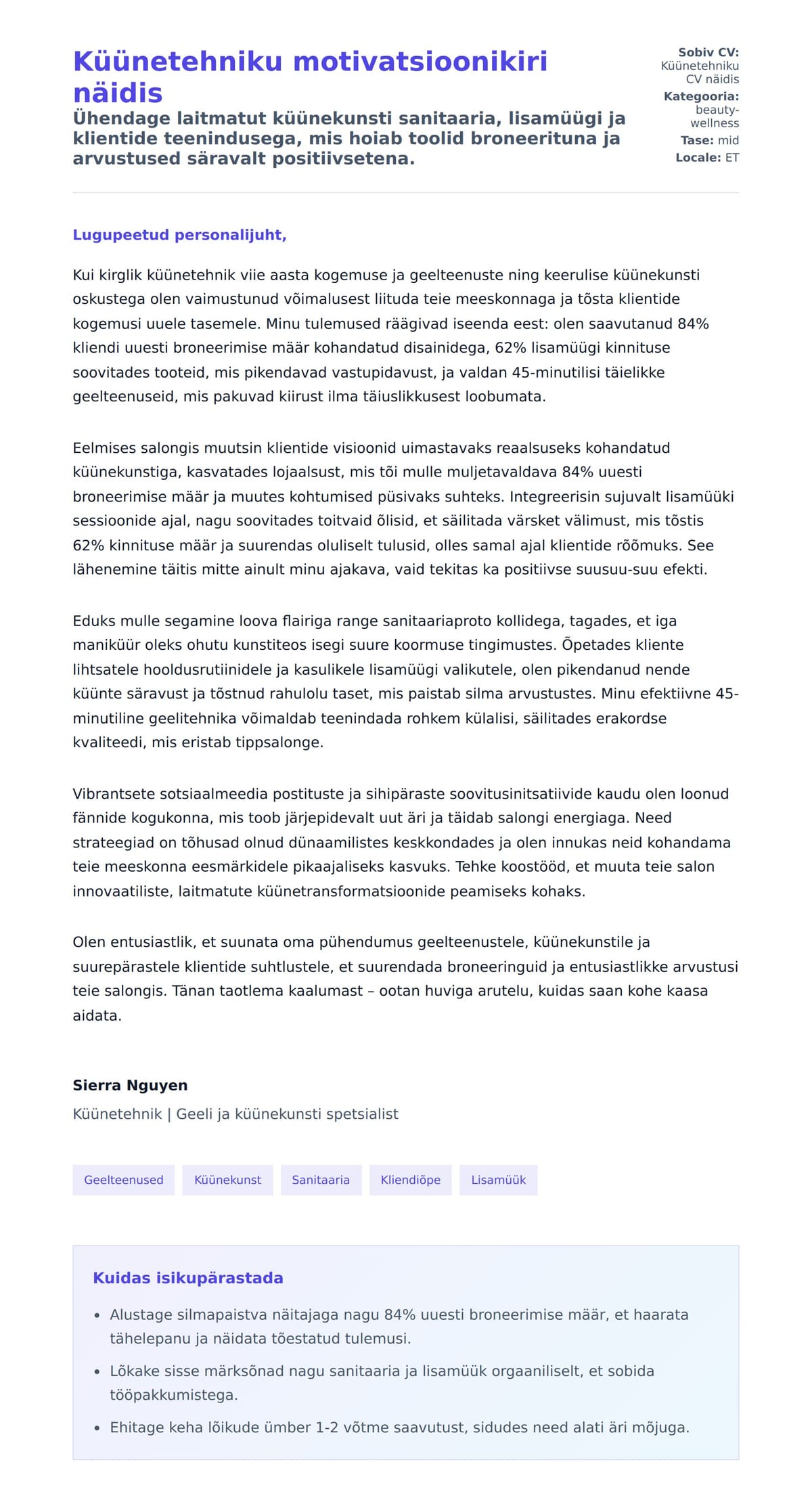 Kaaskirja eelvaade Küünetehniku motivatsioonikiri näidis jaoks