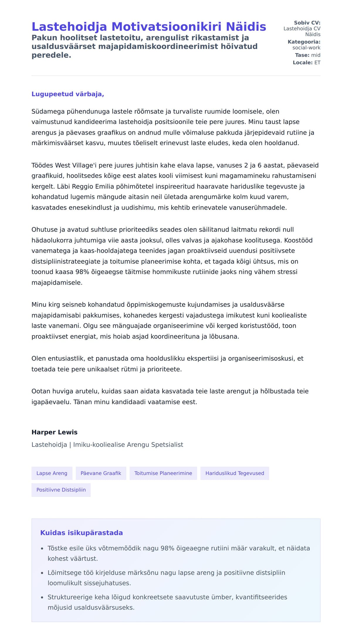 Kaaskirja eelvaade Lastehoidja Motivatsioonikiri Näidis jaoks