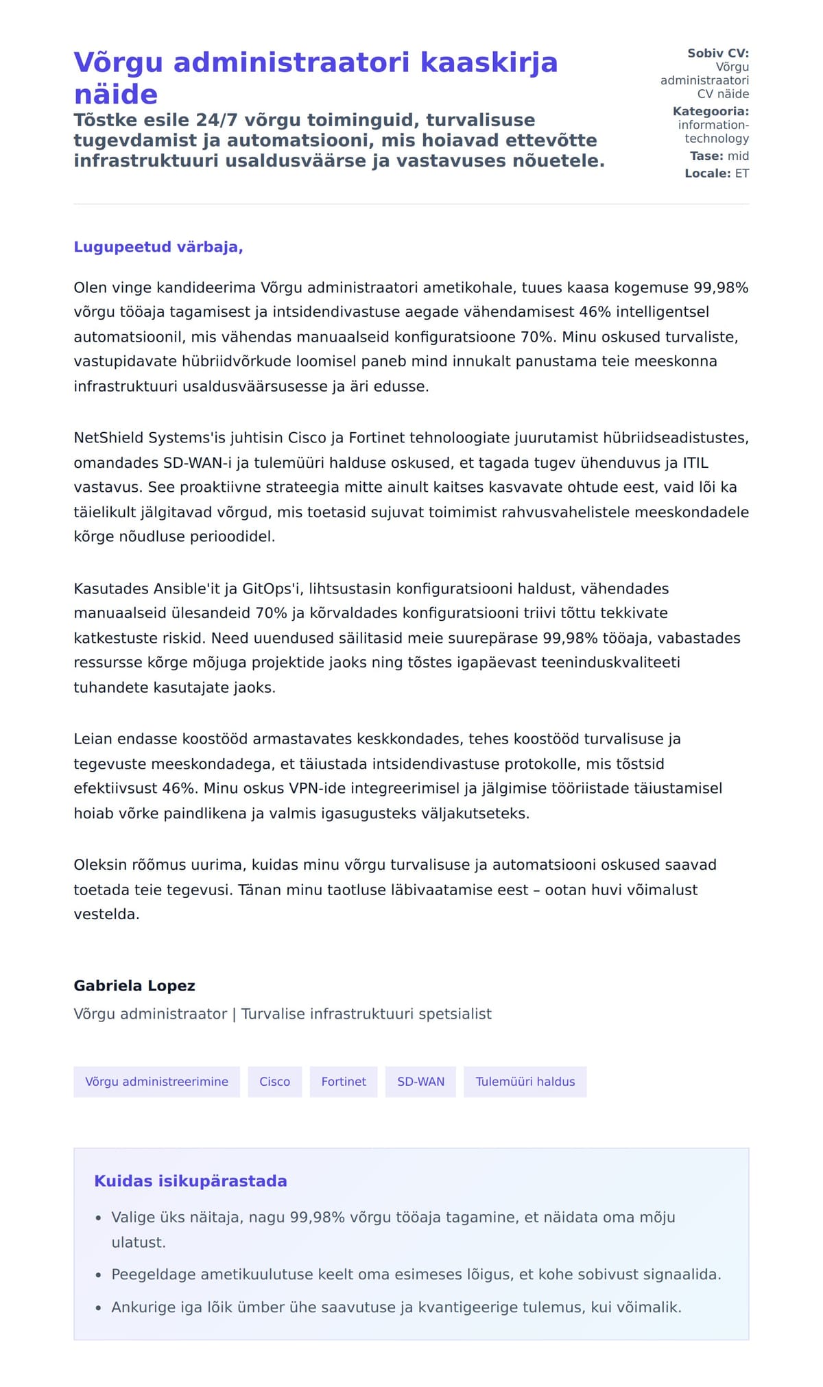 Kaaskirja eelvaade Võrgu administraatori kaaskirja näide jaoks