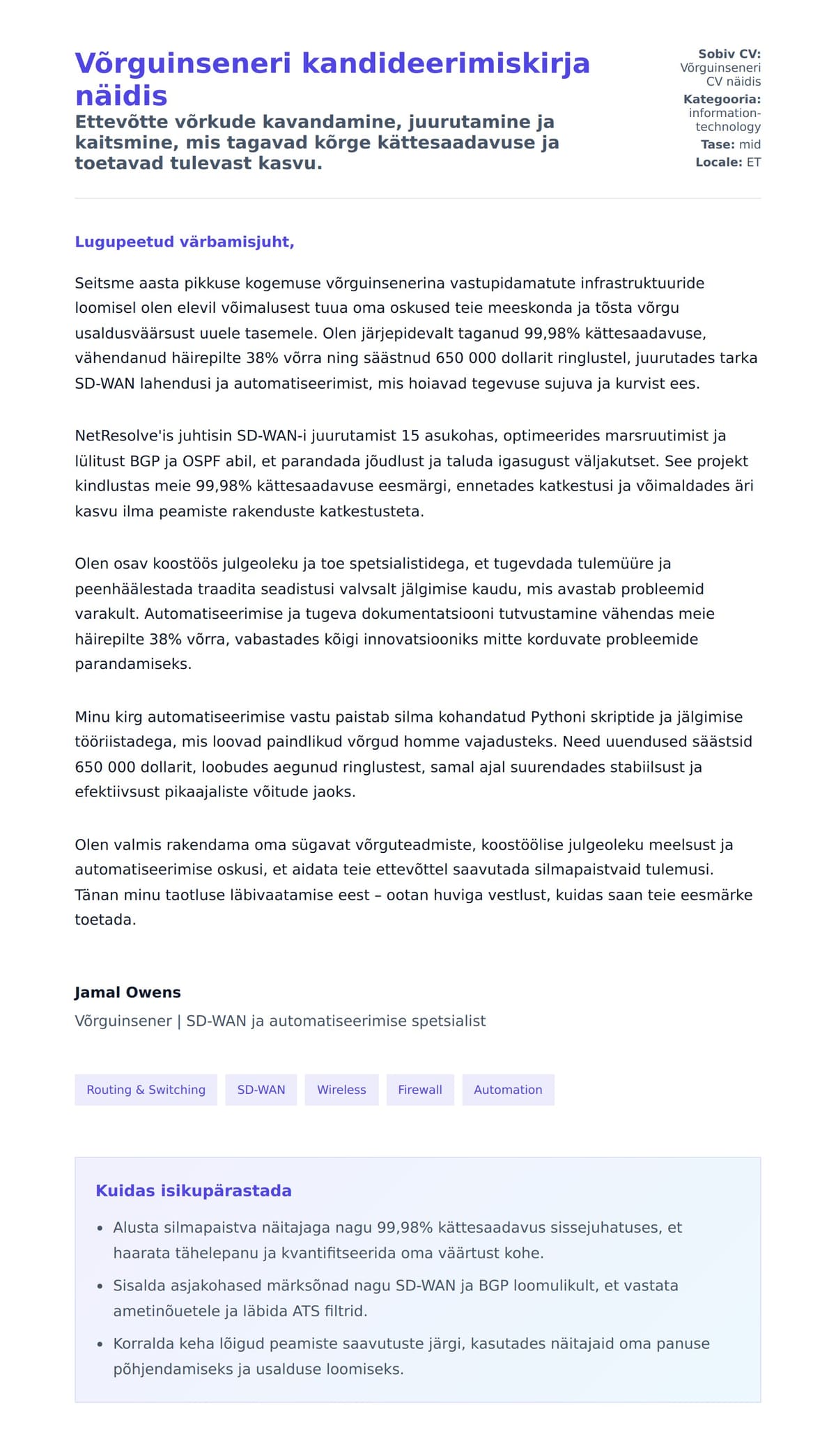 Kaaskirja eelvaade Võrguinseneri kandideerimiskirja näidis jaoks