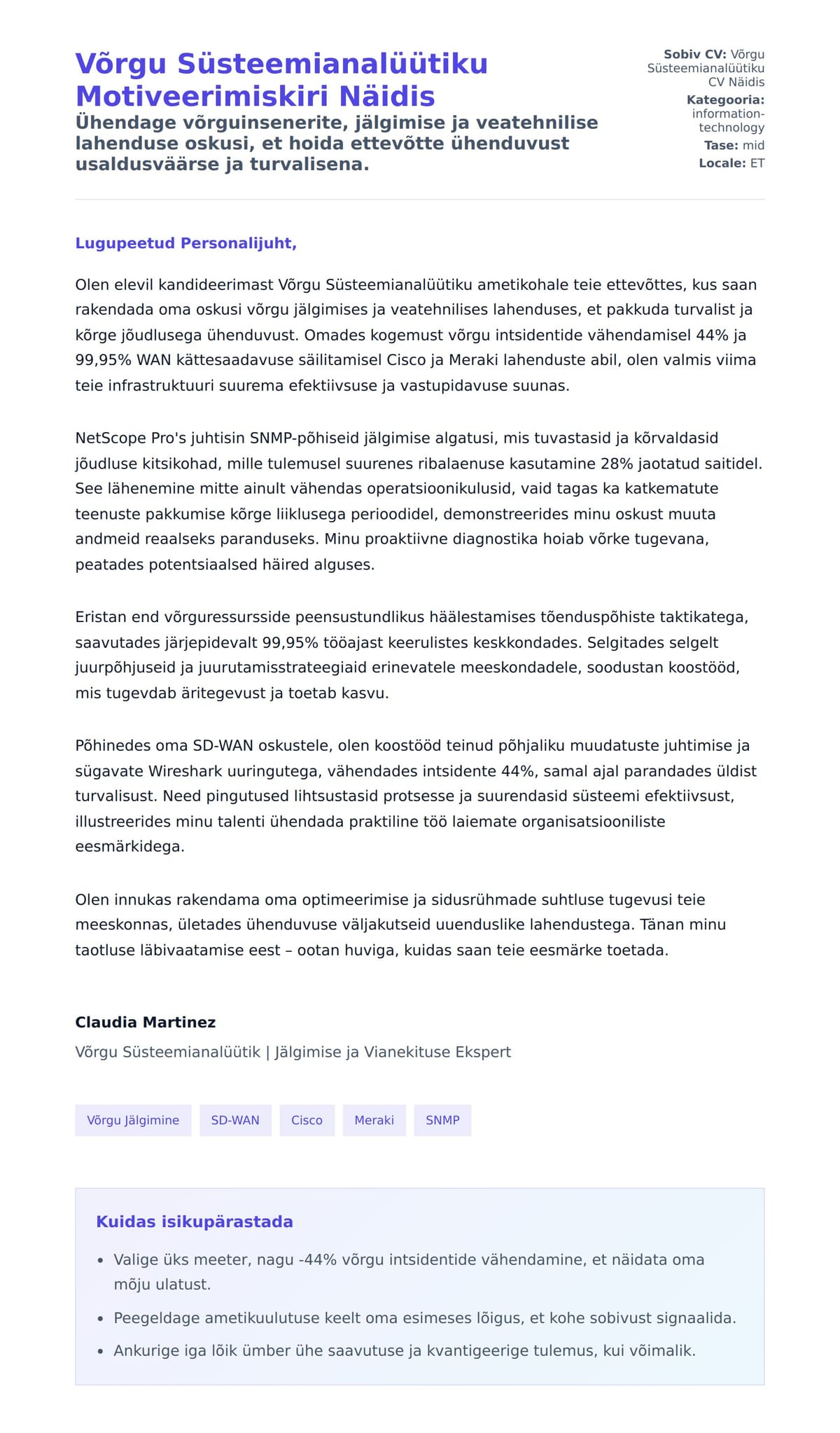 Kaaskirja eelvaade Võrgu Süsteemianalüütiku Motiveerimiskiri Näidis jaoks