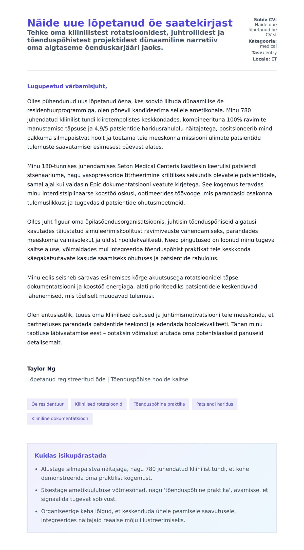 Kaaskirja eelvaade Näide uue lõpetanud õe saatekirjast jaoks