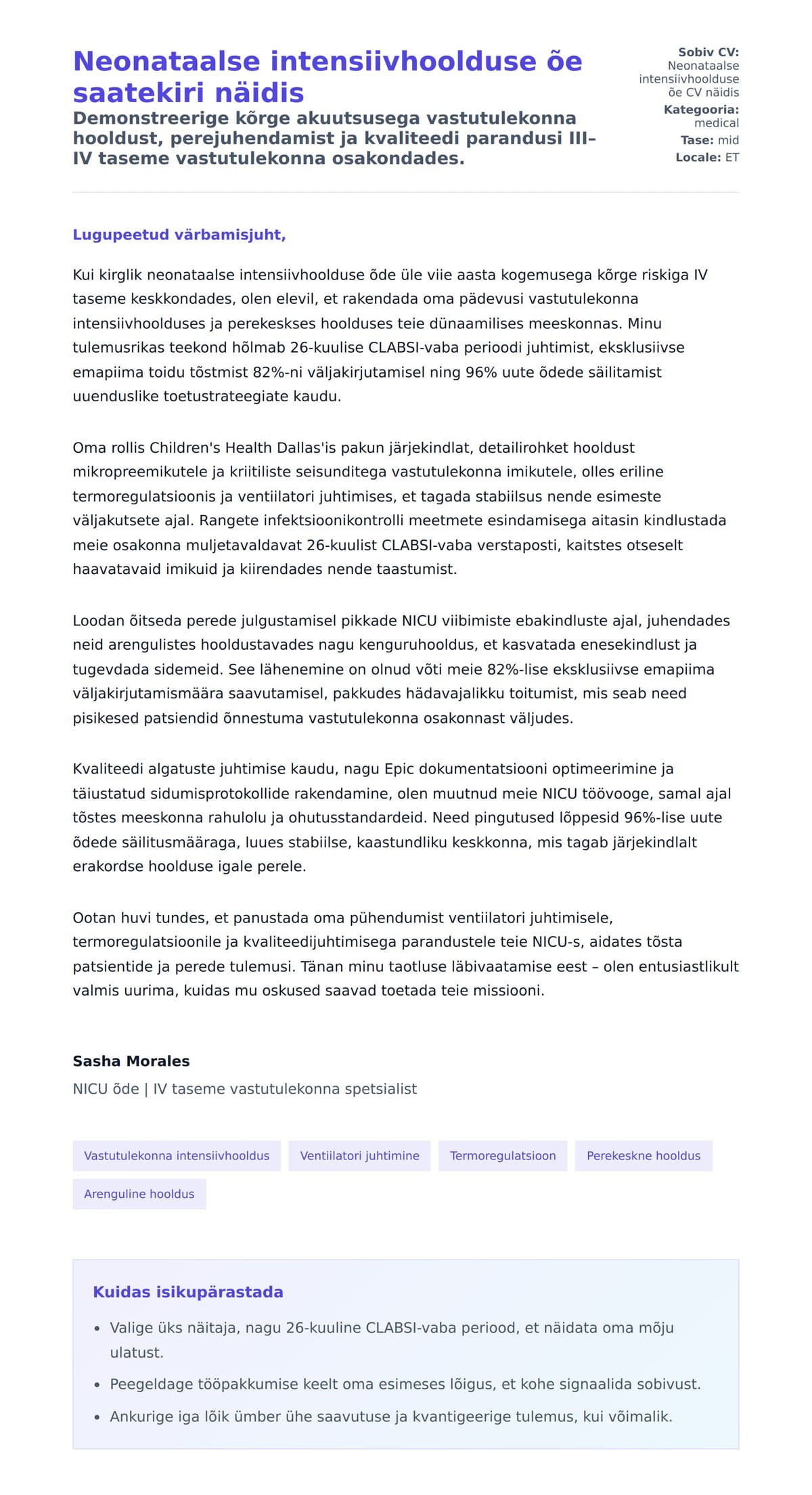 Kaaskirja eelvaade Neonataalse intensiivhoolduse õe saatekiri näidis jaoks