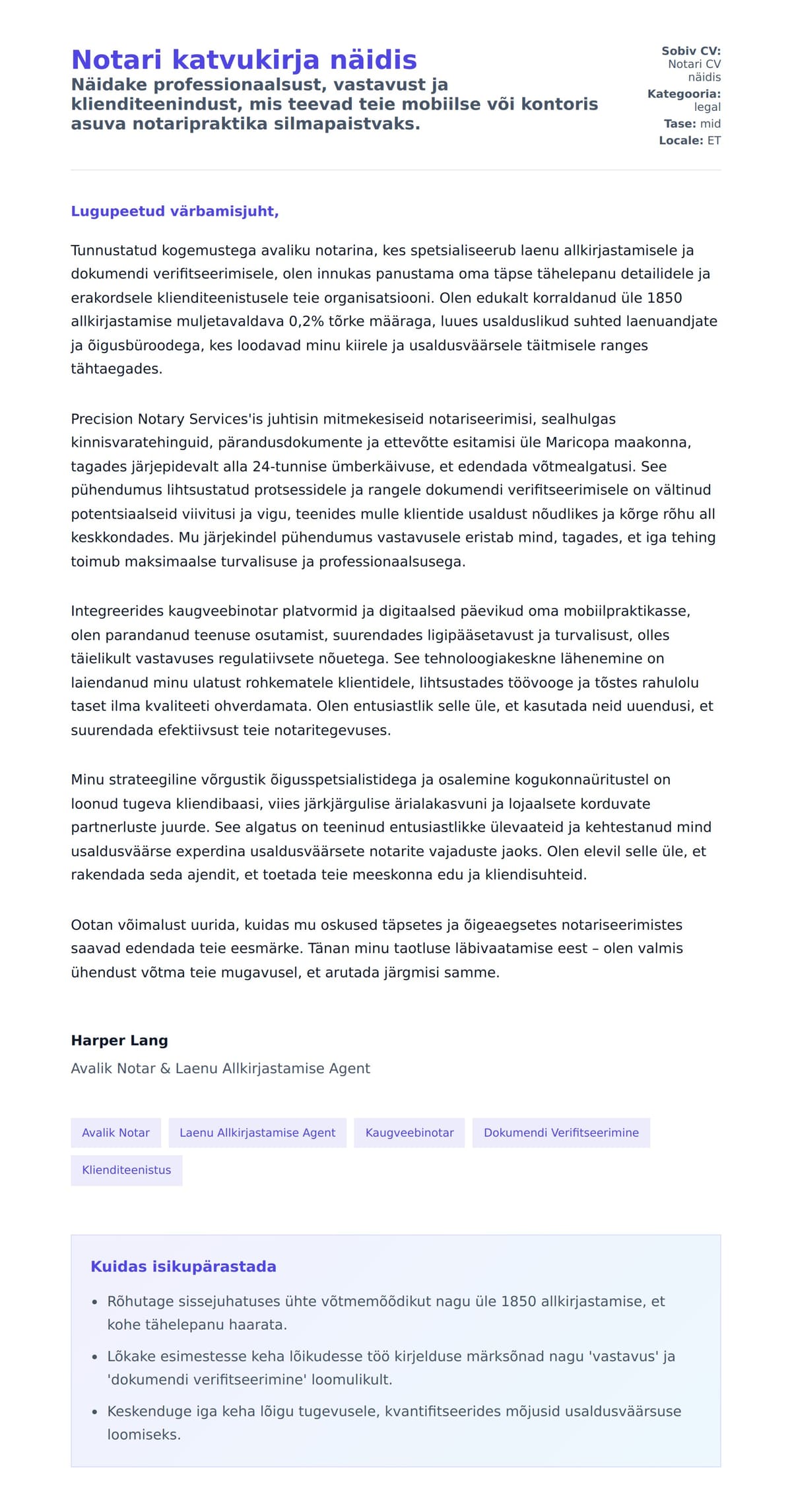 Kaaskirja eelvaade Notari katvukirja näidis jaoks