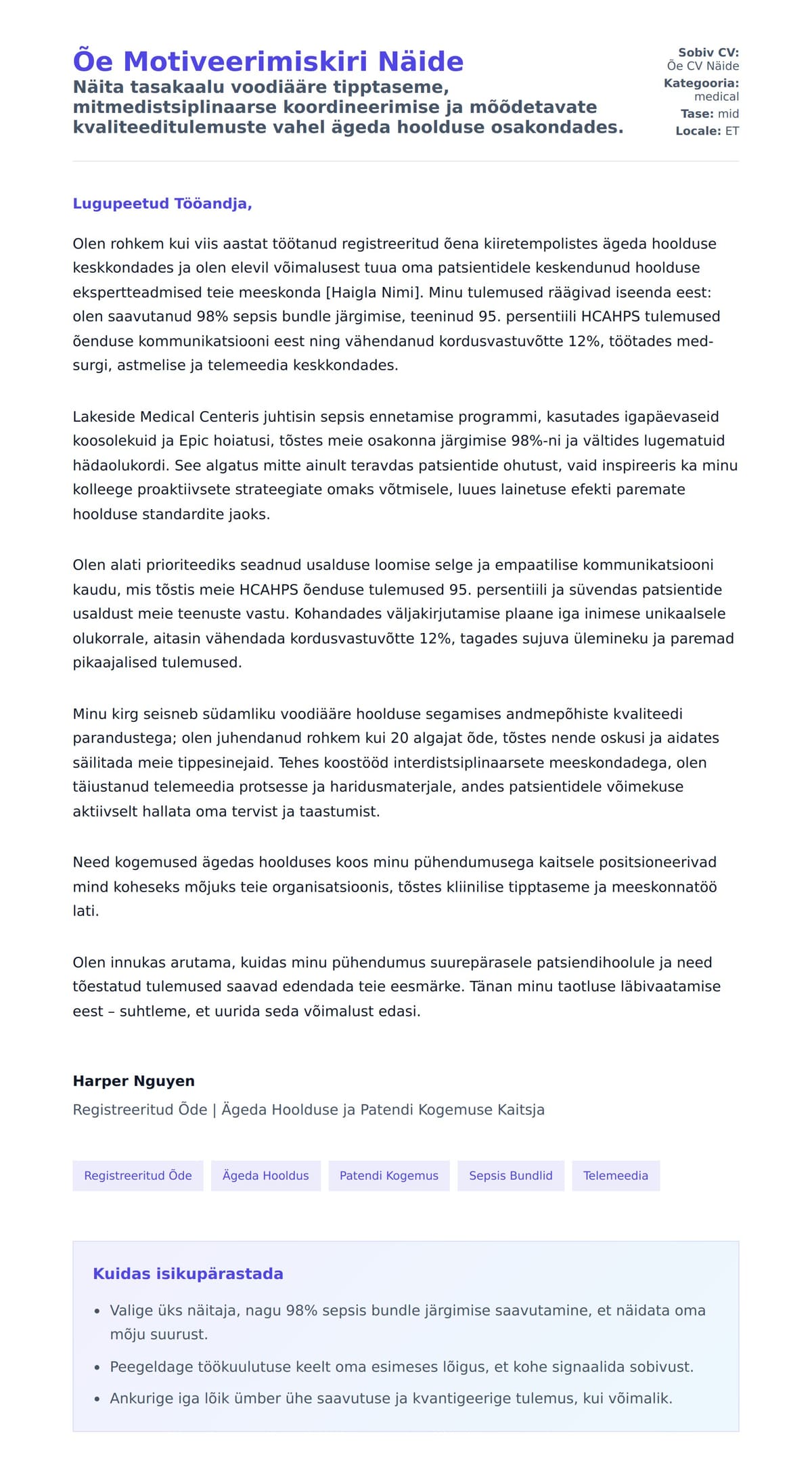 Kaaskirja eelvaade Õe Motiveerimiskiri Näide jaoks