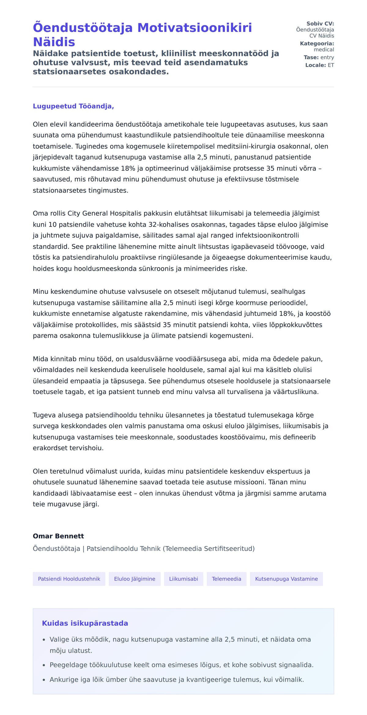 Kaaskirja eelvaade Õendustöötaja Motivatsioonikiri Näidis jaoks