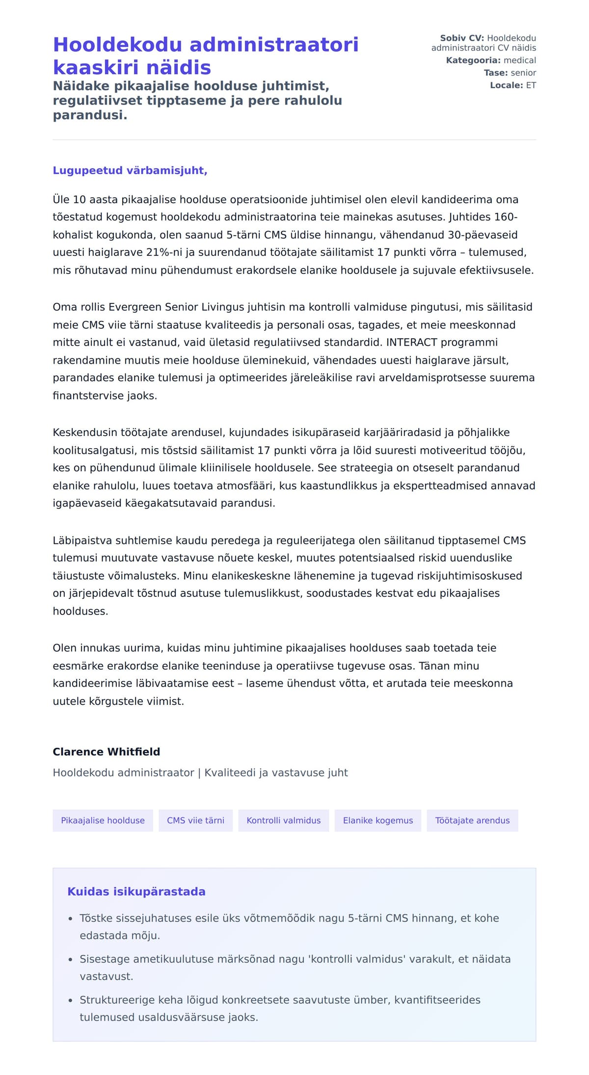 Kaaskirja eelvaade Hooldekodu administraatori kaaskiri näidis jaoks